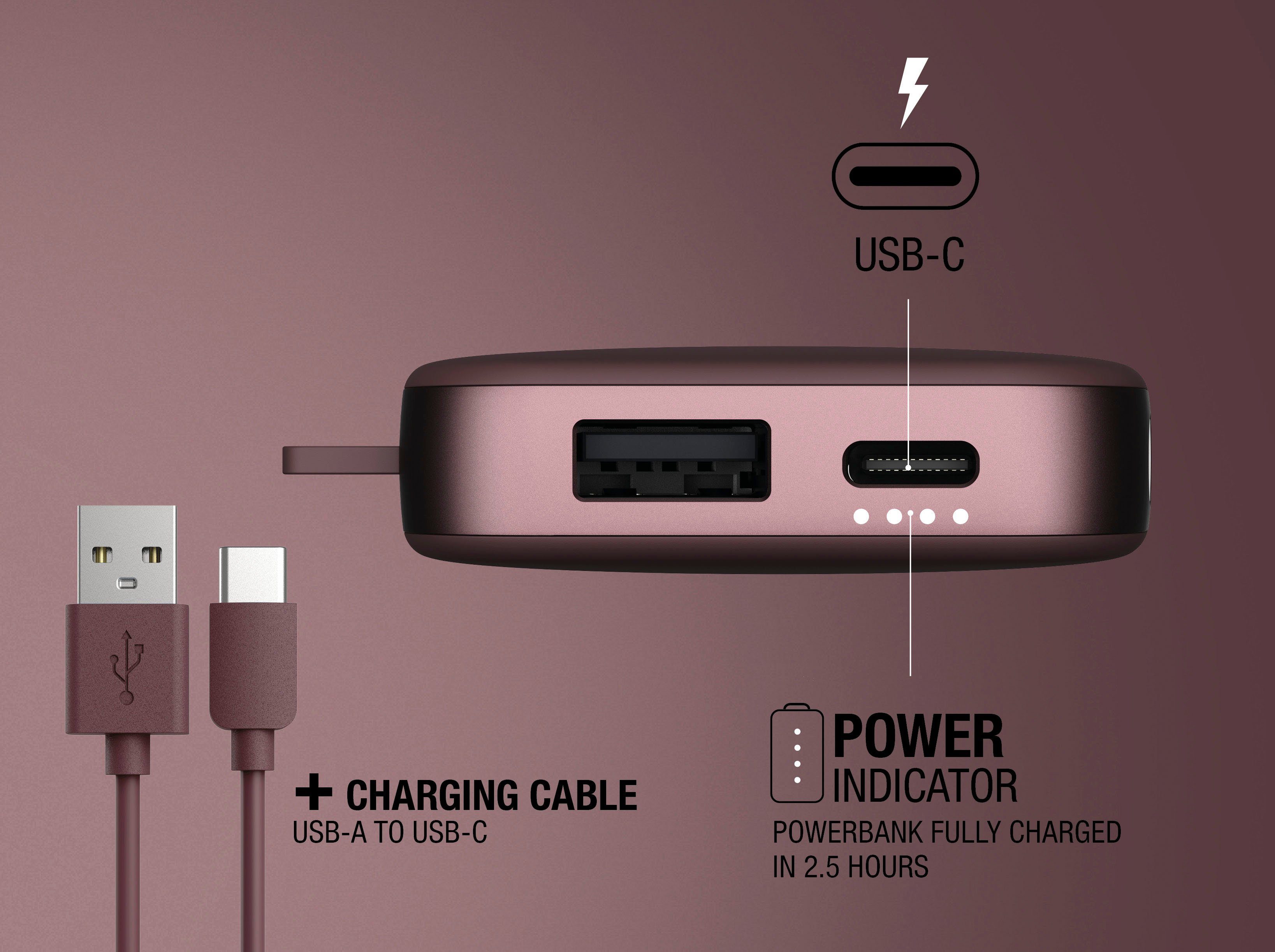 6000mAh (5 Power Rebel mit Fresh´n V) dunkelrot Powerbank USB-C, Fast Pack Charge