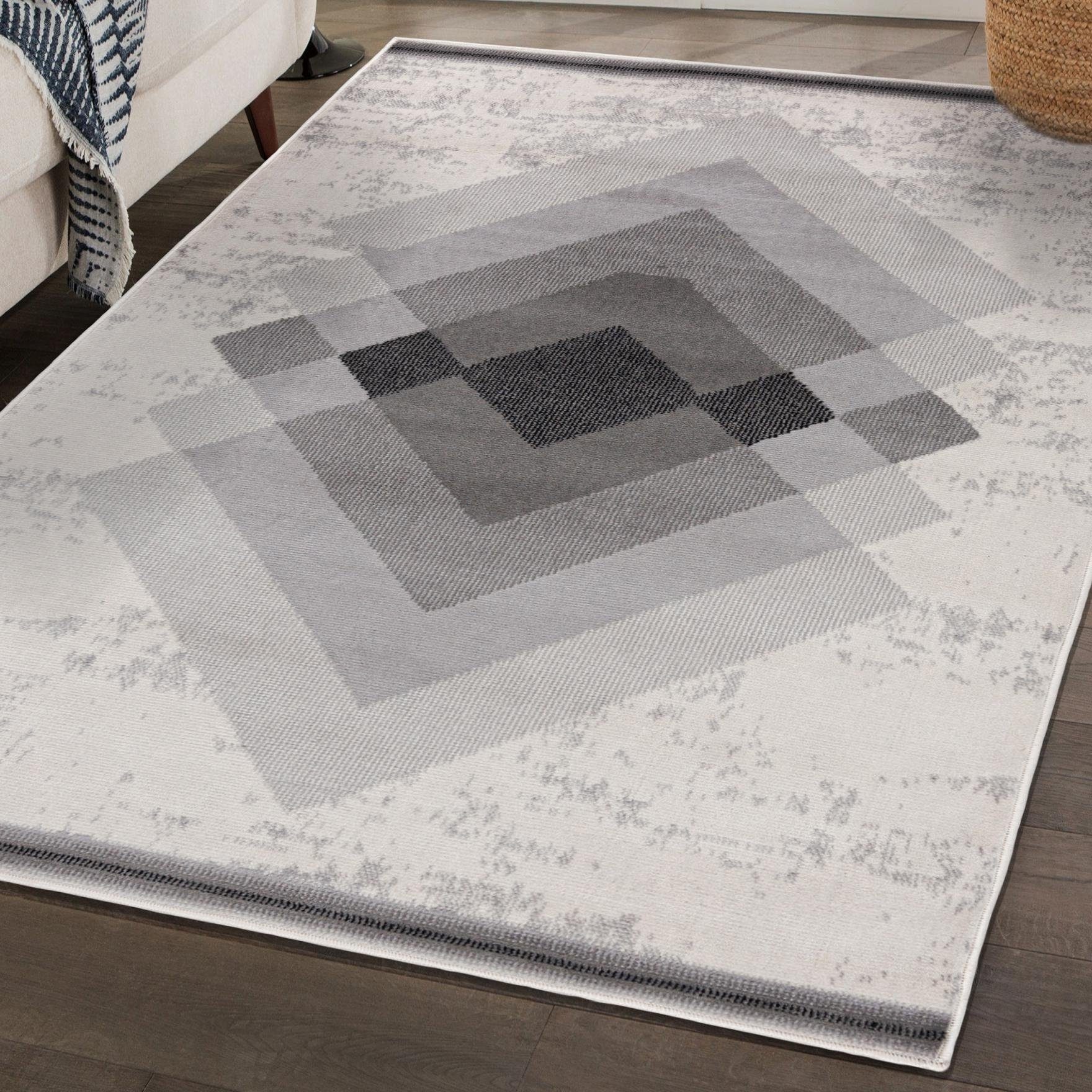 Designteppich Modern Teppich Geometrisch Creme Grau - Weich, Pflegeleich,  Mazovia, 80 x 150 cm, Geeignet für Fußbodenheizung, Höhe 7 mm, Kurzflor