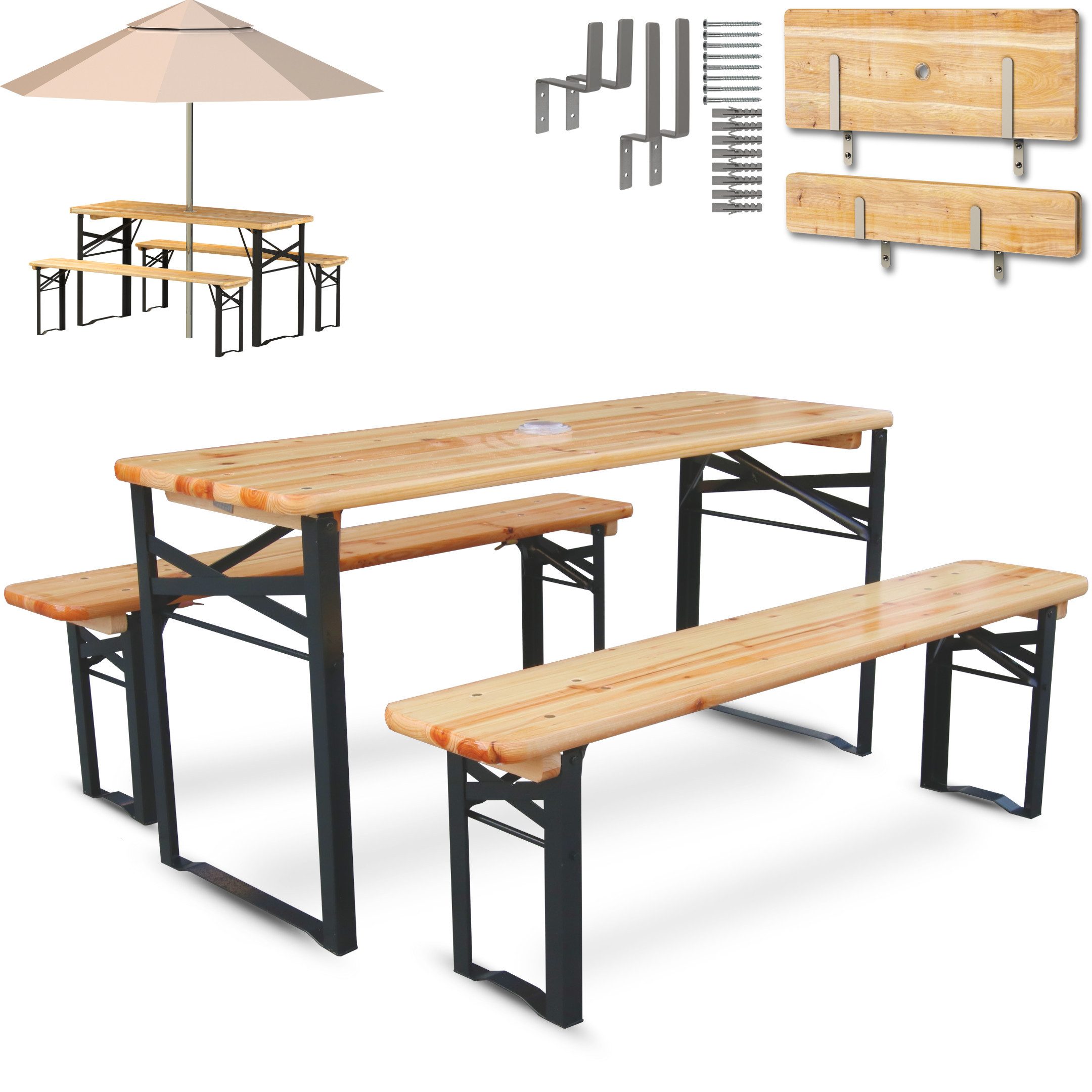 holz4home® Bierzeltgarnitur 3-teilig I Festzeltgarnitur aus Holz und Metall, Klappbar