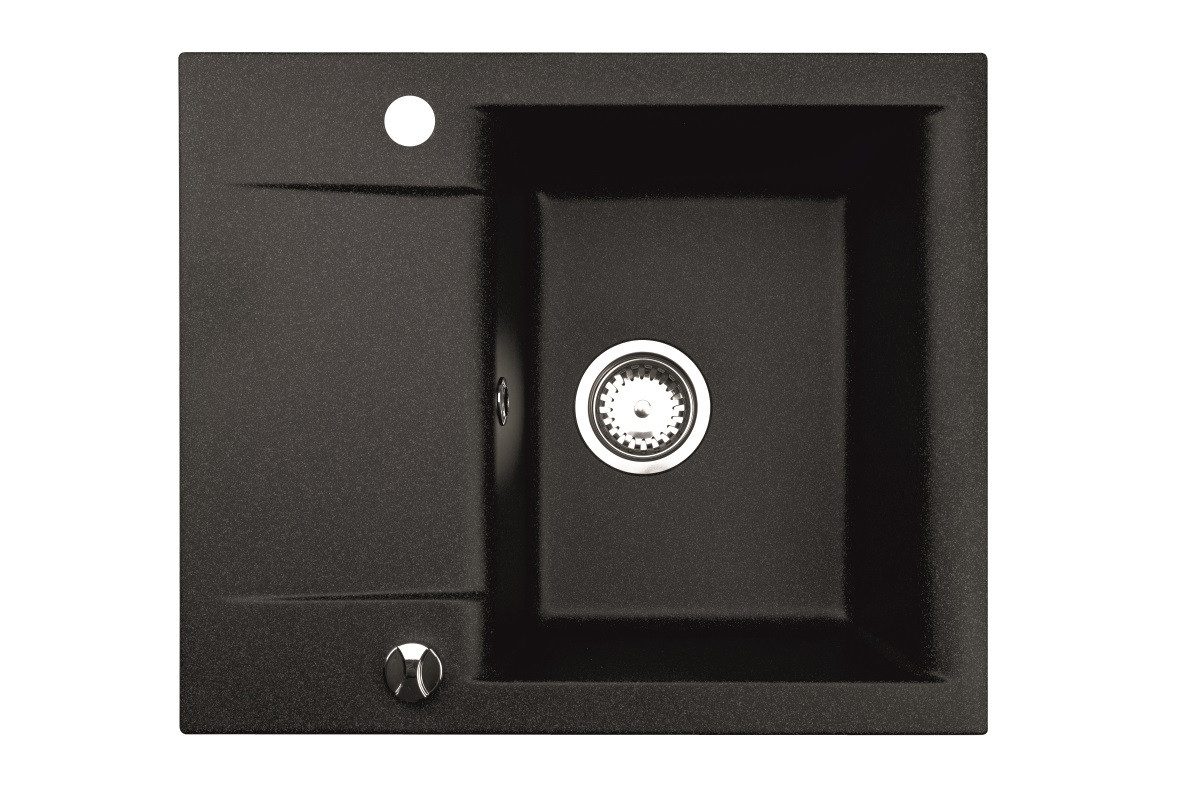 manestein Granitspüle Rino Granit Küchenspüle mit Schwarz Armatur und Siphon 59x44cm, Rechteck, 59/16 cm, (inklusive ablaufgarnitur und Armatur), mit verkürzte Abtropffläche