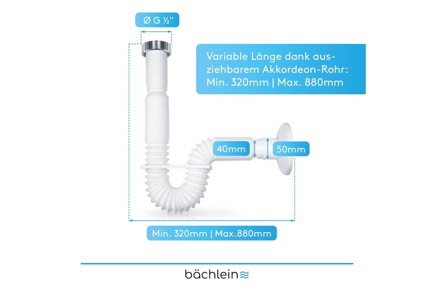 Thumbnail - Bächlein Siphon Küchensiphon mit flexiblem Ablaufschlauch - anpassbarer Röhrensiphon, variable Länge von 320-800 mm