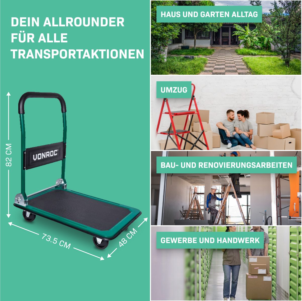 VONROC Transportwagen Plattformwagen klappbar, (150kg - 360° drehbare Gummi-Räder), Rollwagen mit Griff und Antirutsch Oberfläche – Bild 5 von 5