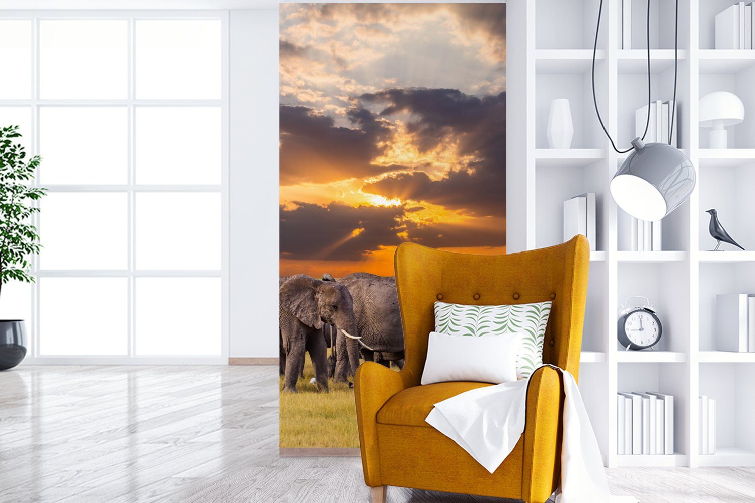 MuchoWow Fototapete Elefant - Tiere Wohnzimmer Gras - Sonnenuntergang Fototapete Vliestapete Matt, für St), - - bedruckt, (2 Natur, Küche, Schlafzimmer