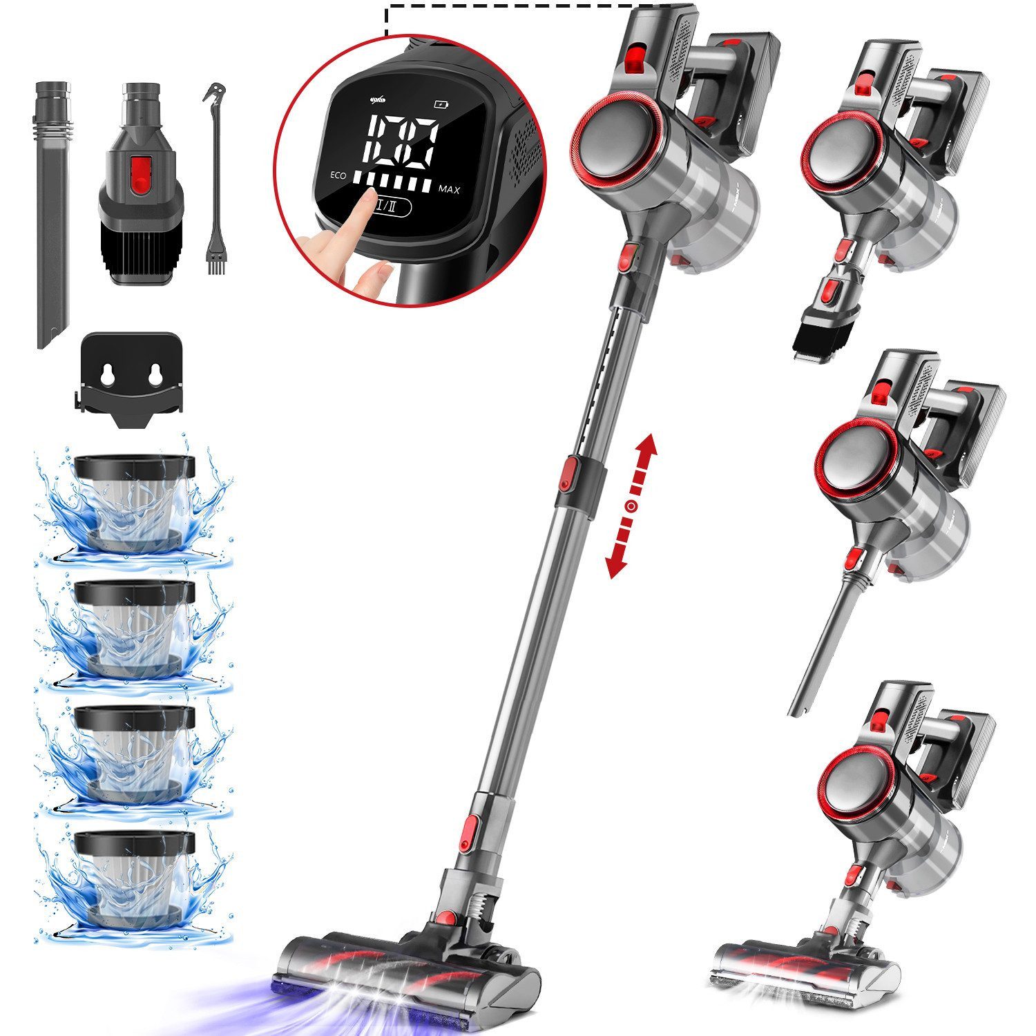 Hiazurm Akku-Hand-und Stielstaubsauger Akku Staubsauger,55000Pa/1.8L/55min 8 in 1 Staubsauger Kabellos, beutellos, Mit LED Display,2 Saugstufen,Akkusauger,Für Böden,Teppich,Tierhaare