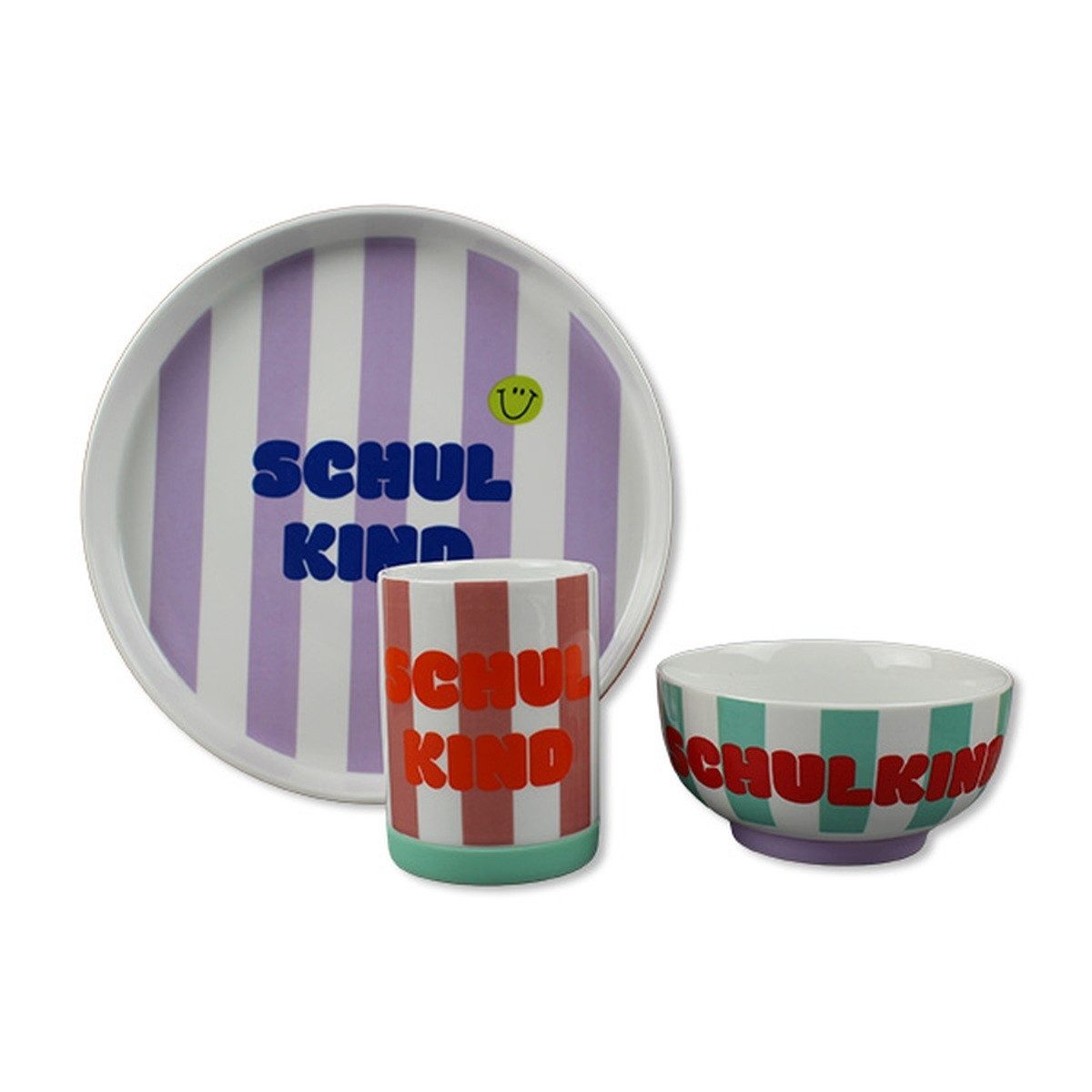Ava & Yves Kindergeschirr-Set Porzellangeschirr-Set Schulkind 3-tlg Becher Teller Schale Silikonring
