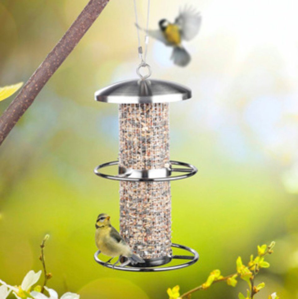Futterstation Vogelfutterstation aus Edelstahl zum Aufhängen, mit 2 Sitzringen