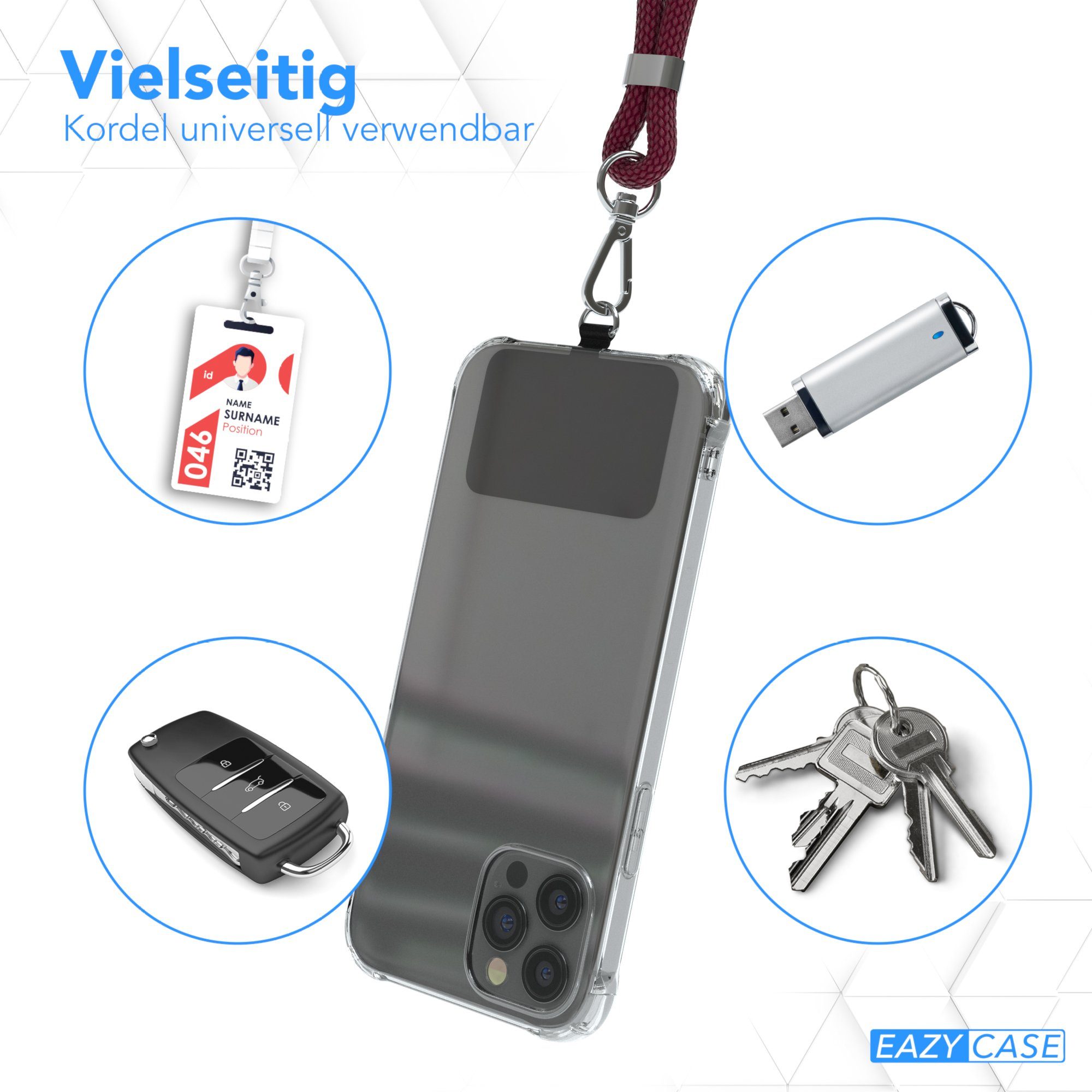 EAZY CASE Handykette Universal für jedes Smartphone zum Umhängen, Universal Handykette mit abnehmbaren Band mit Karabiner Bordeaux Rot – Bild 3 von 5