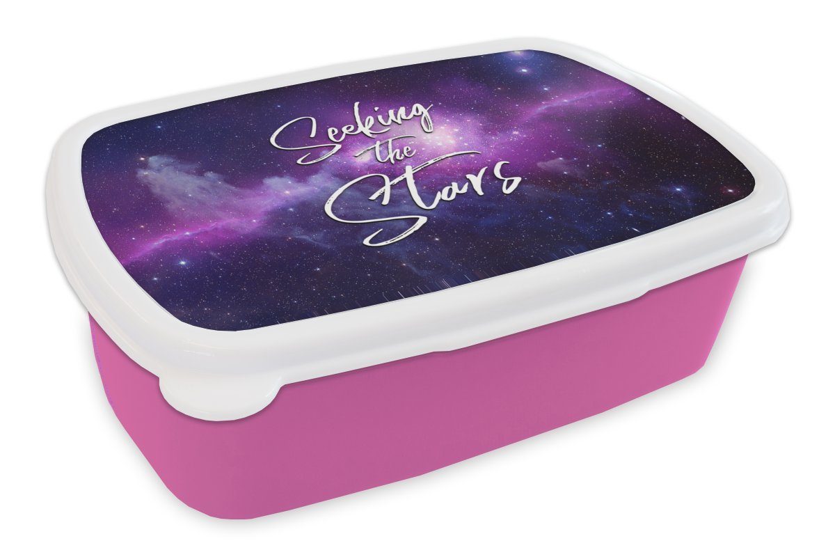 MuchoWow Lunchbox Der Weltraum - Zitate - 'Die Suche nach den Sternen' - Sprichwörter -, Kunststoff, (2-tlg), Brotbox für Erwachsene, Brotdose Kinder, Snackbox, Mädchen, Kunststoff rosa