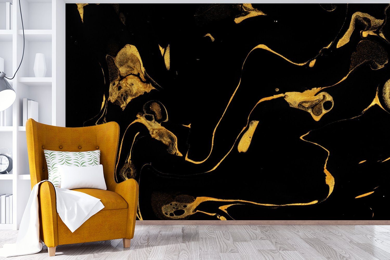 - Wohnzimmer, Schlafzimmer, (6 Tapete MuchoWow Wallpaper Muster Gold Vinyl Matt, Kinderzimmer, - bedruckt, St), Schwarz, Fototapete für