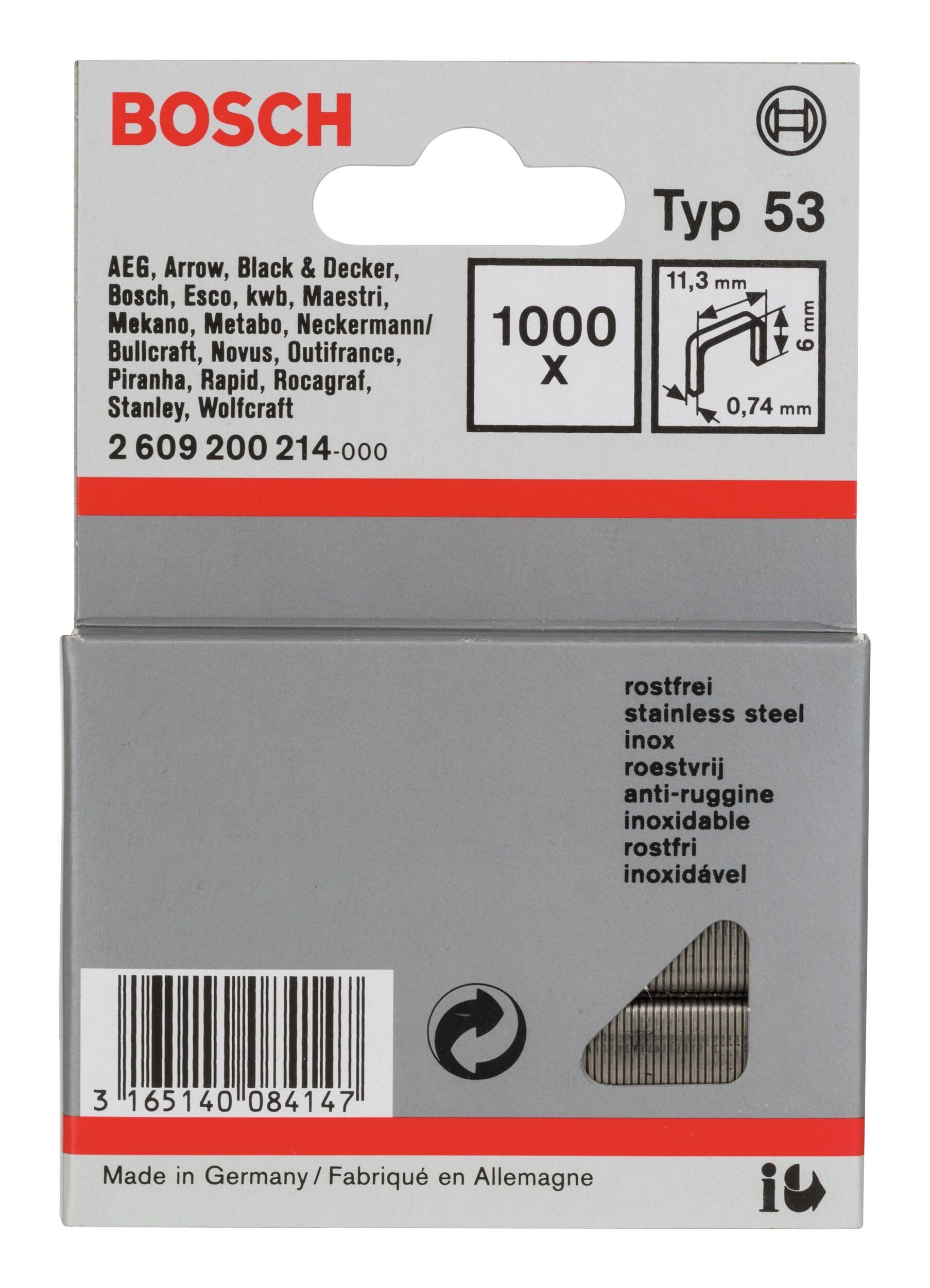 BOSCH Tackerklammer, Line Typ 53 Feindrahtklammer Edelstahl - 0,74 x 6 x 11,4 mm