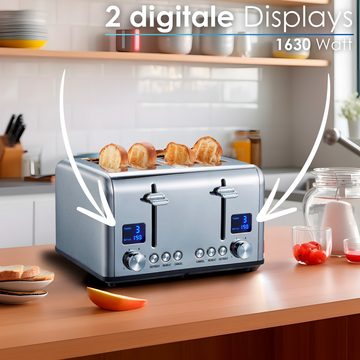 STEINBORG Toaster SB-2080, 4 kurze Schlitze, für 4 Scheiben, 1630 W, Edelstahl Gehäuse,Brötchenaufsatz,Krümelschublade,2xDigitales Display