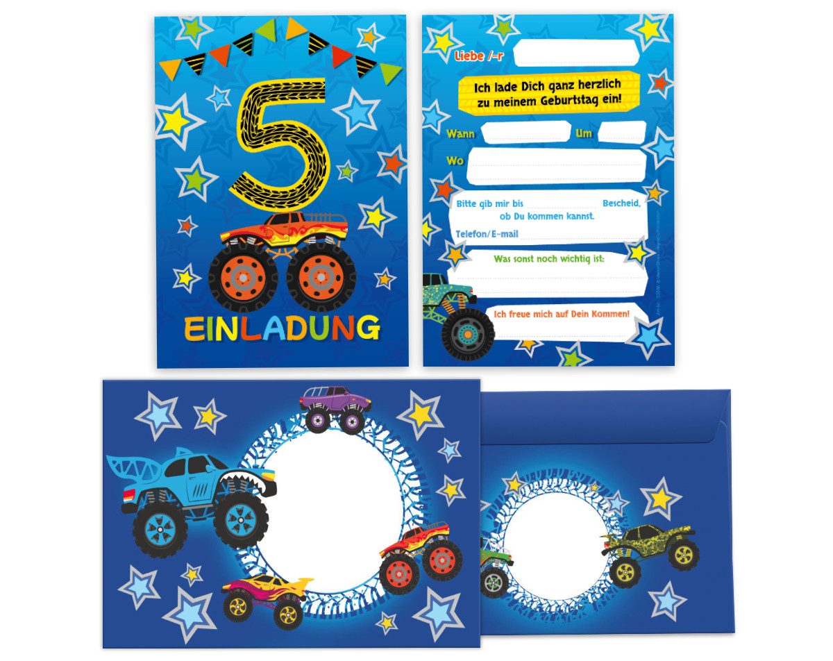JUNAPACK Einladungskarten Monster Truck zum 5. Kindergeburtstag Jungen Einladung Auto Umschläge, Einladungskarten mit Umschlägen zum fünften Kindergeburtstag Truck