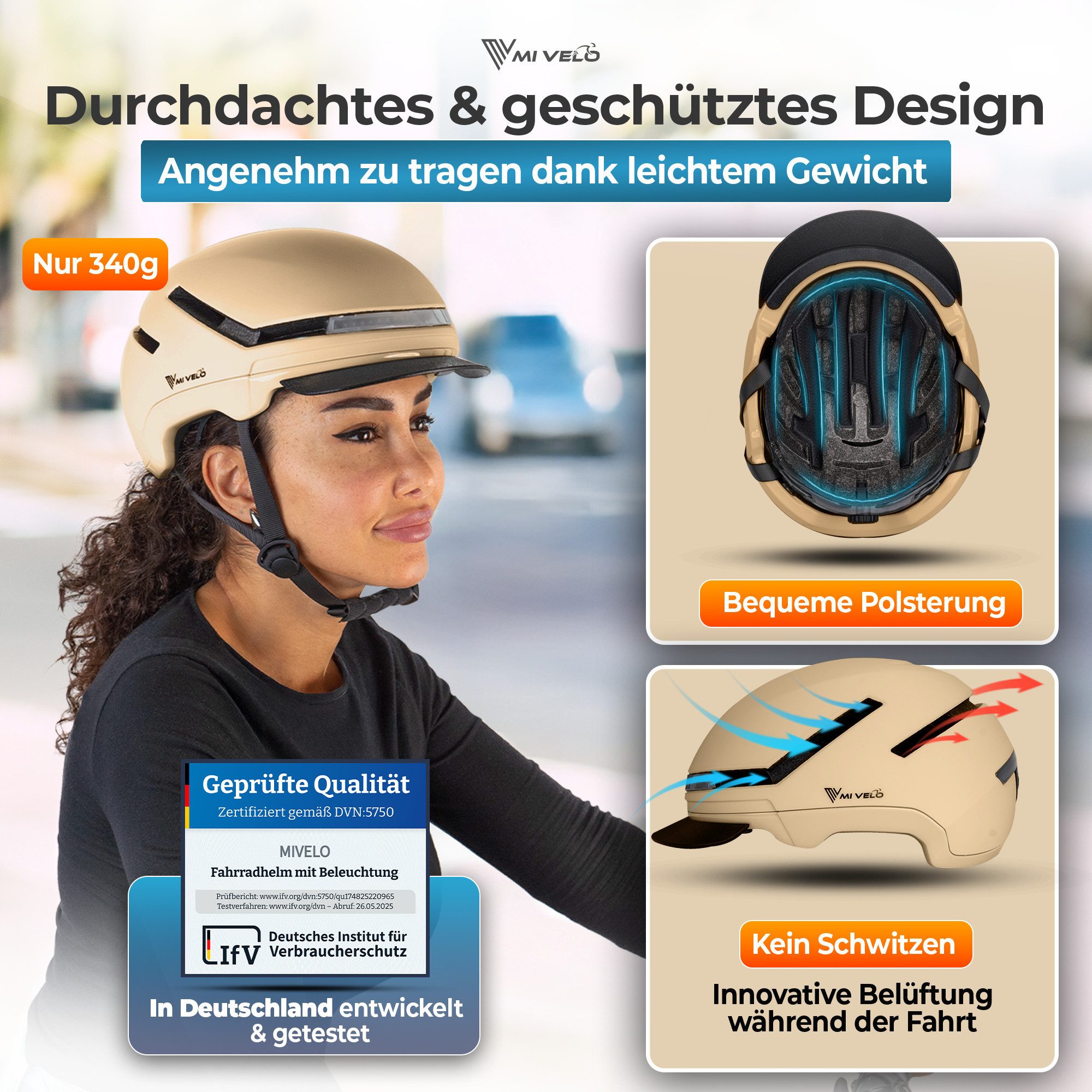 MIVELO Fahrradhelm NOVA - für Herren und Damen mit Licht vorne & hinten, NTA zertifiziert, 360° Beleuchtung, 24 Monate Crash-Ersatz-Garantie