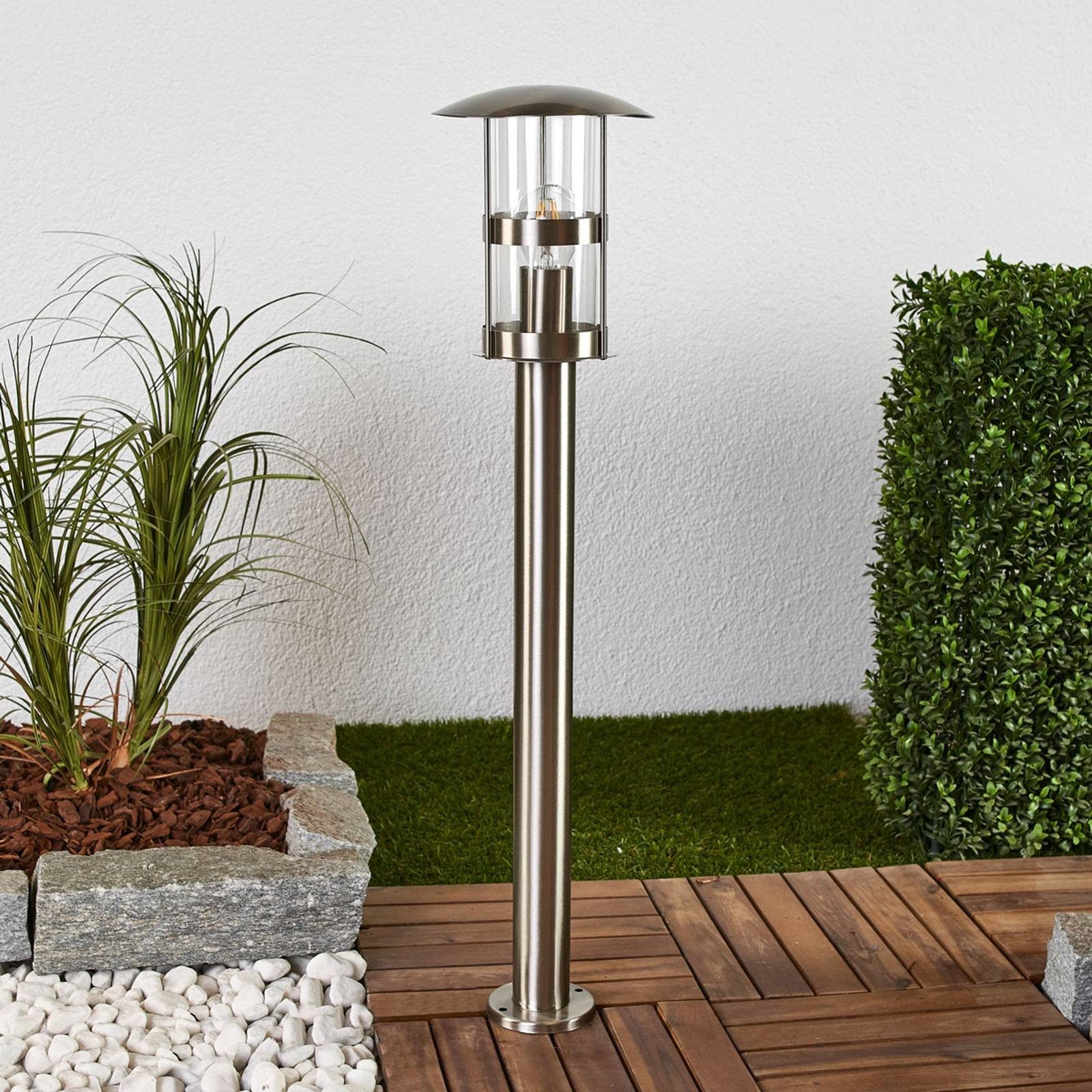 Lindby Außen-Stehlampe Noemi, Edelstahl Alu IP44, 1 x 60 W