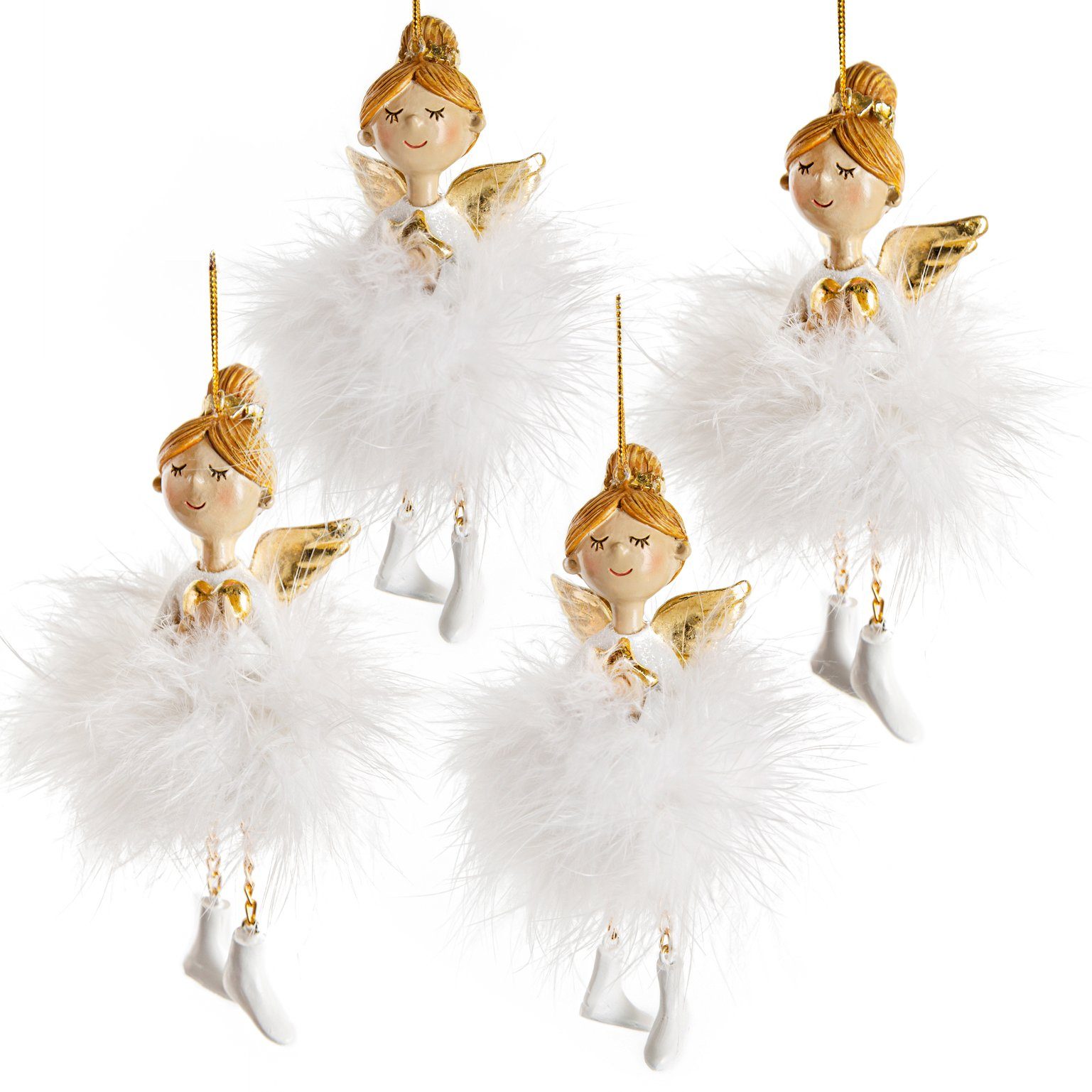 Logbuch-Verlag Weihnachtsfigur 4 Engel mit Federn weiß Gold Schutzengel 15  cm (Set, 4 St), besondere Engel mit Schnur zum aufhängen