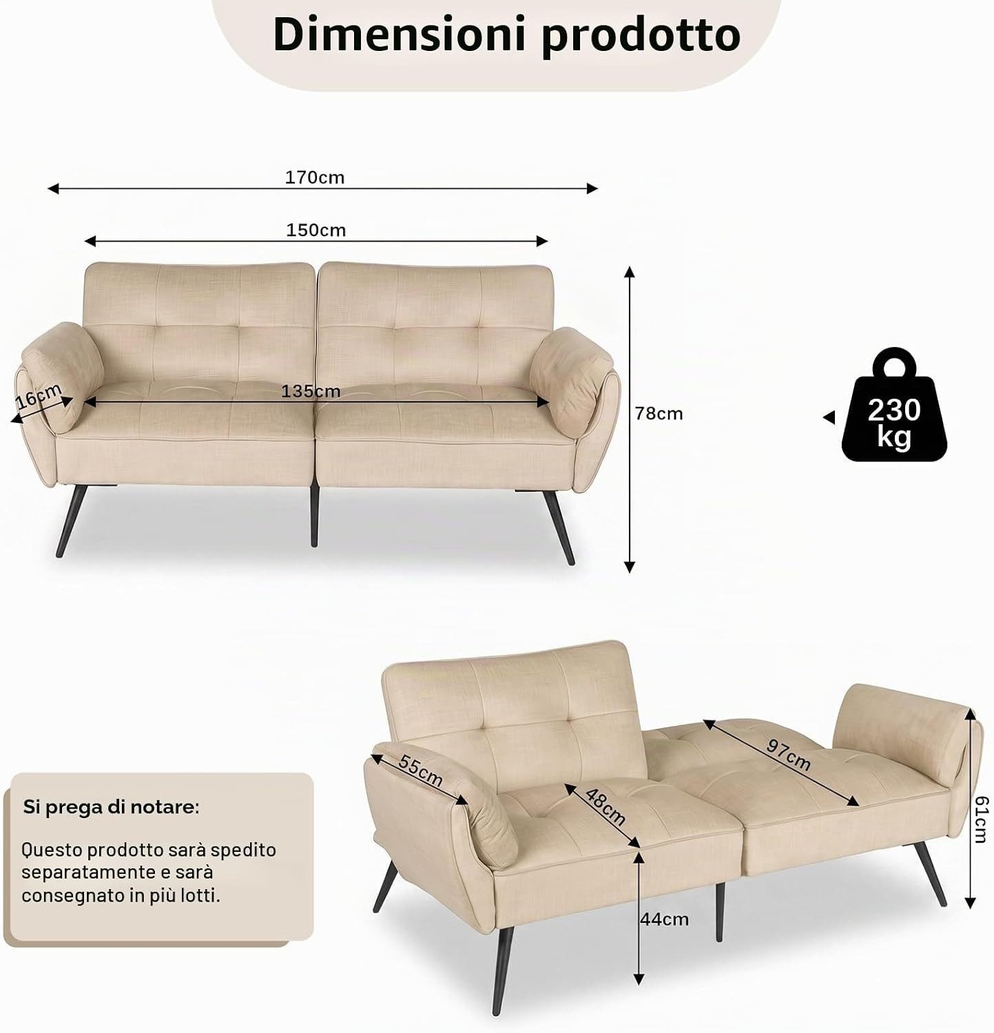 Jiexi Sofa Schlafsofa Länge inklusive Armlehnen 170/180/190cm Verstellbare – Bild 2 von 5