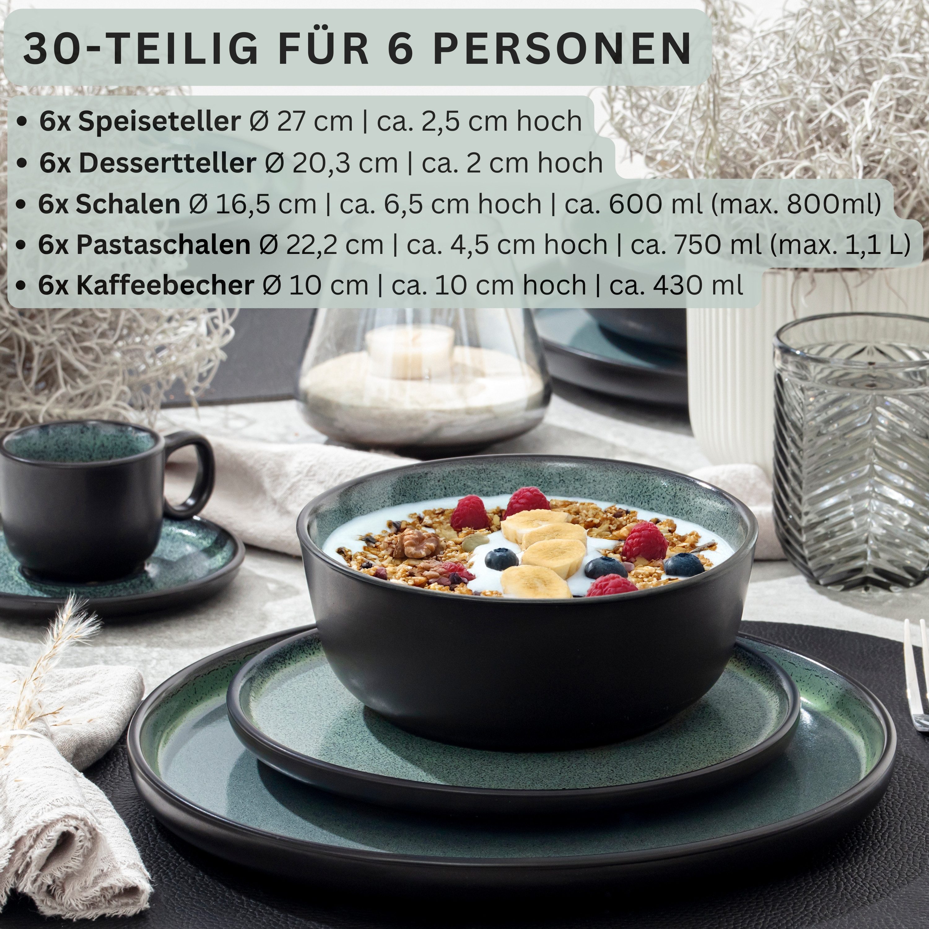 SÄNGER Tafelservice Malmö Geschirrset (30-tlg), 6 Personen, Steingut, Grün-Schwarz, Handmade, Erweiterbar, VALUE COLLECTION