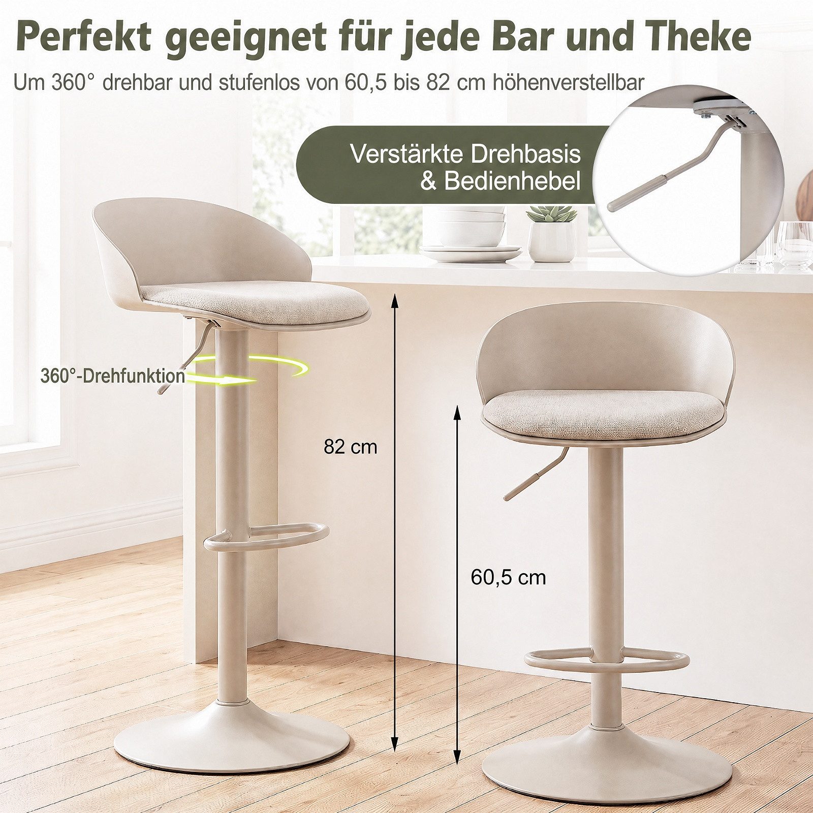 COSTWAY Barhocker 2er Set 360° drehbar höhenverstellbar, beige Drehstuhl gepolstert 150kg – Bild 4 von 5