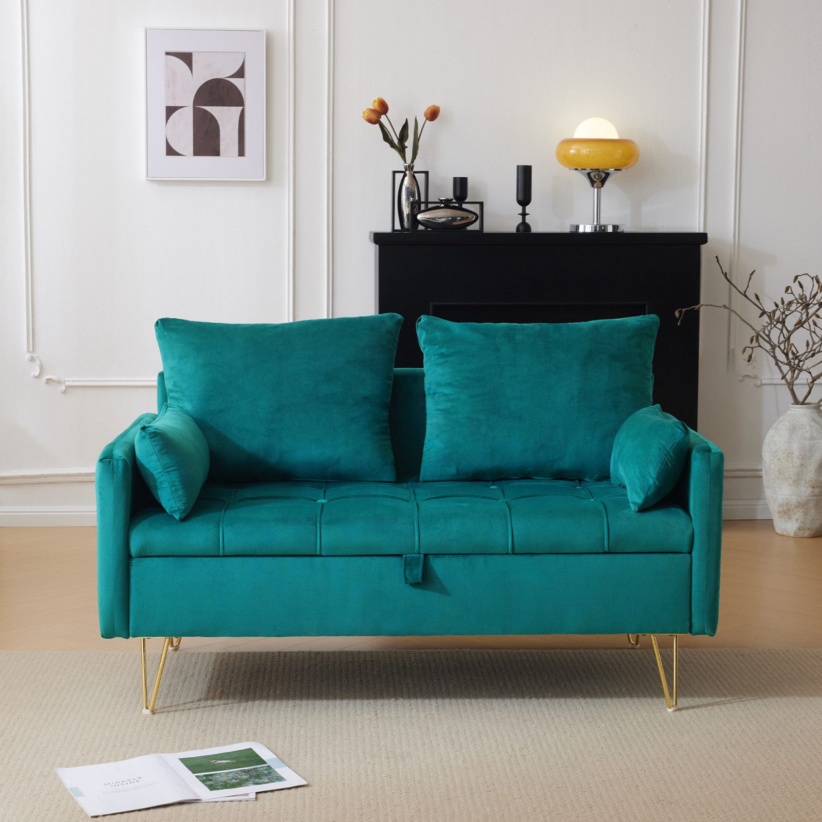 FUROKOY Loungesofa Samtsofa für 2 Sitze, Sofa Couch mit Stauraum und Kissen, , Modernes Polstersofa mit Relaxfunktion,135×71×86 cm, Grün