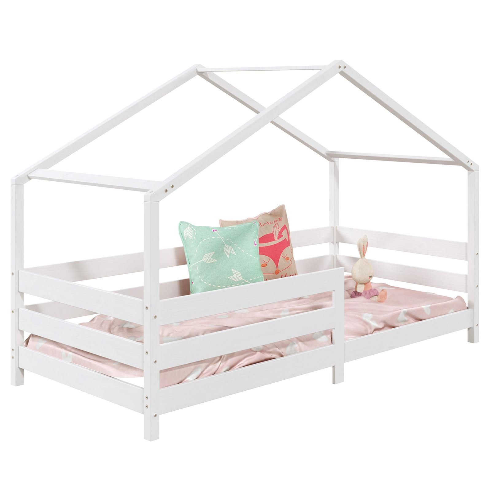 IDIMEX Kinderbett RENA, Hausbett Montessori Bett 90 x 200 Kinderbett Rausfallschutz Kiefer wei