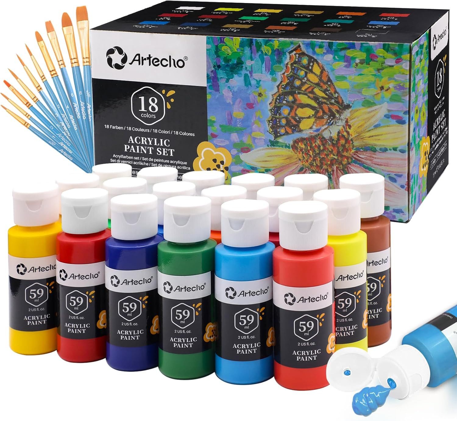 Artecho Acrylfarbe Künstler Set – 18 / 24 x 59ml Wasserfest Acrylfarben mit 10 Pinseln, Für Papier, Leinwand, Karton, Holz, Stoff, Glas, Stein, Ton uvm.