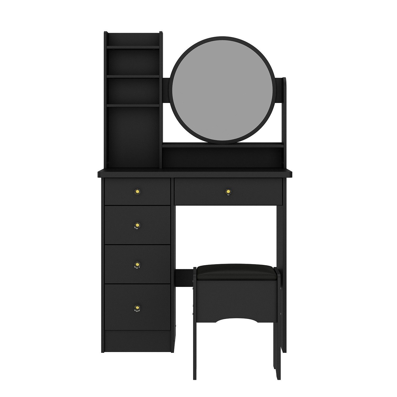 HOMSEE Schminktisch Schminktisch mit Spiegel & 5 Schubladen, Schwarz, MDF, 135x80x40cm (1-St), inklusive passendem Hocker, 4 offene Fächer