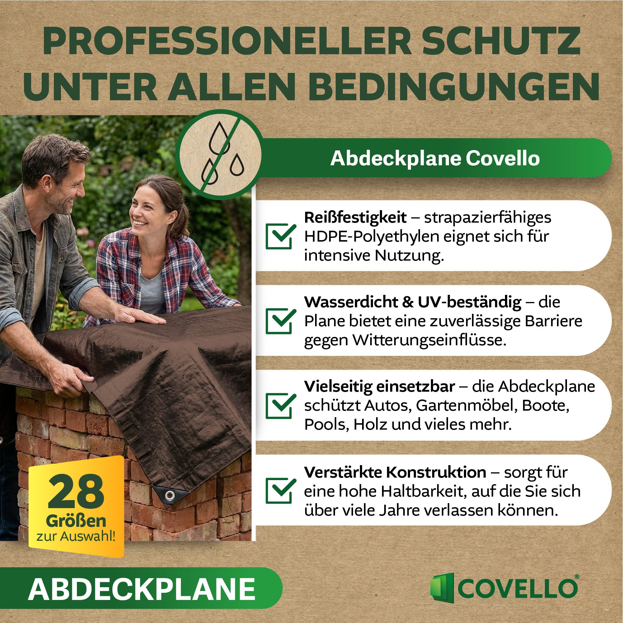 Covello Schutzplane 180g/m² braun, Abdeckplane mit Ösen wasserdicht, Plane UV-stabilisiert in vielen verschiedenen Farben & Größen