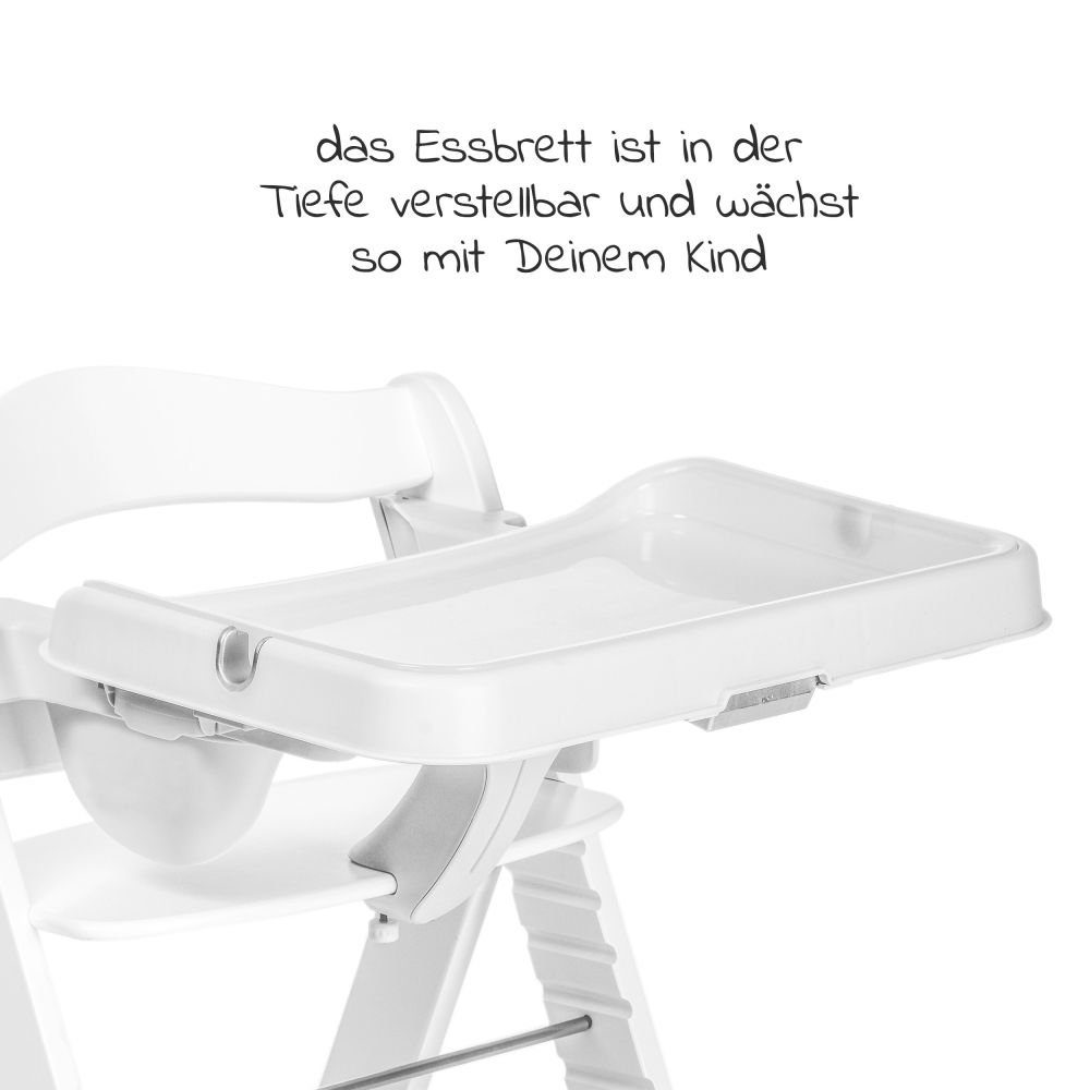 Sitzkissen mit Hauck Essbrett, verstellbar, Kinderhochstuhl Weiß, Alpha Holz Hochstuhl mitwachsend Plus