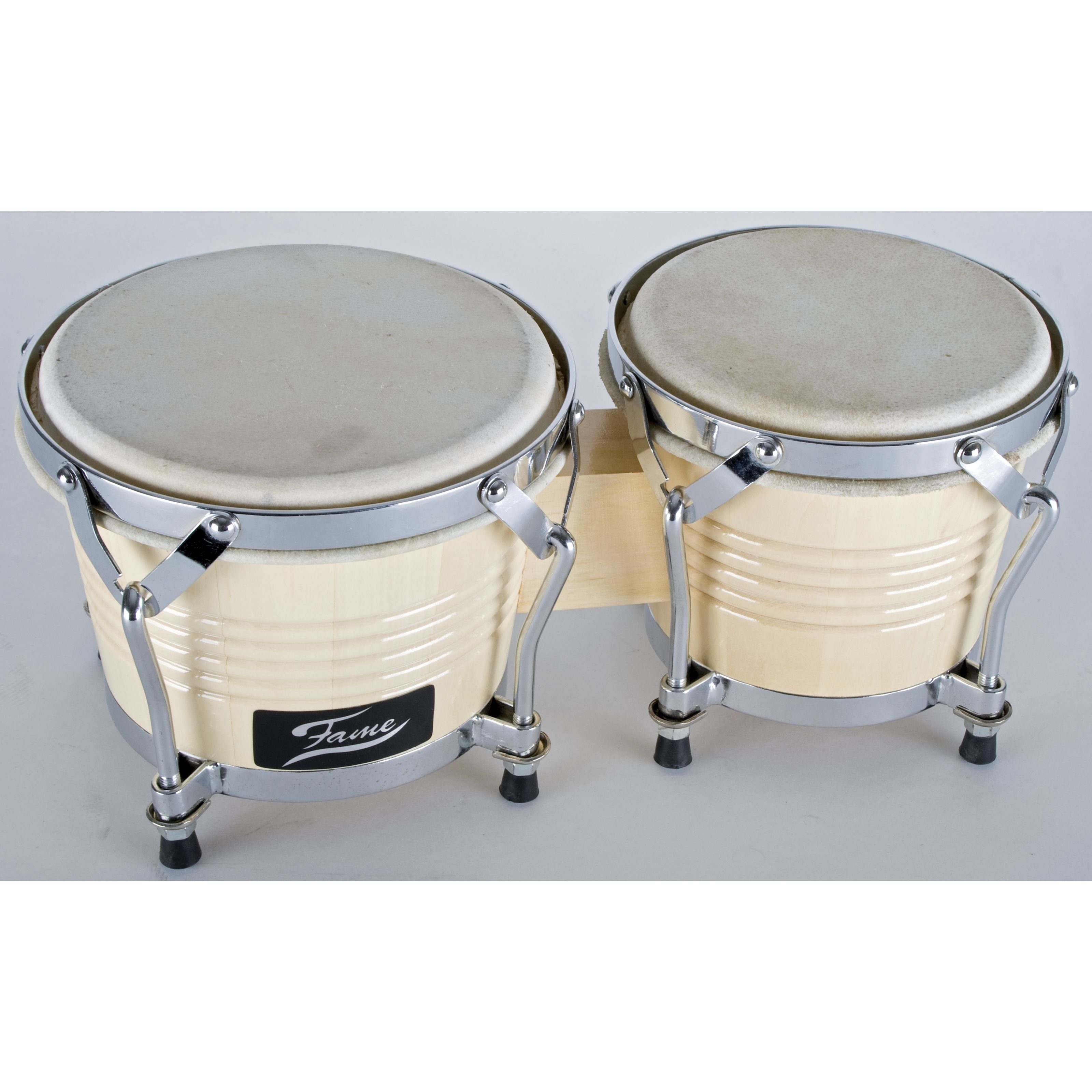 FAME Bongo,Bongo Beginner Set, 6"+7", Naturfarbe, Holz, Chrom Hardware, Stimmbar, Nappa Fellmaterial, Traditionelle Spannringe, Rutschfeste Standfüße, Ideal für Einsteiger und Schulen", Bongo Set, Einsteiger Bongo, Naturfarbene Bongos