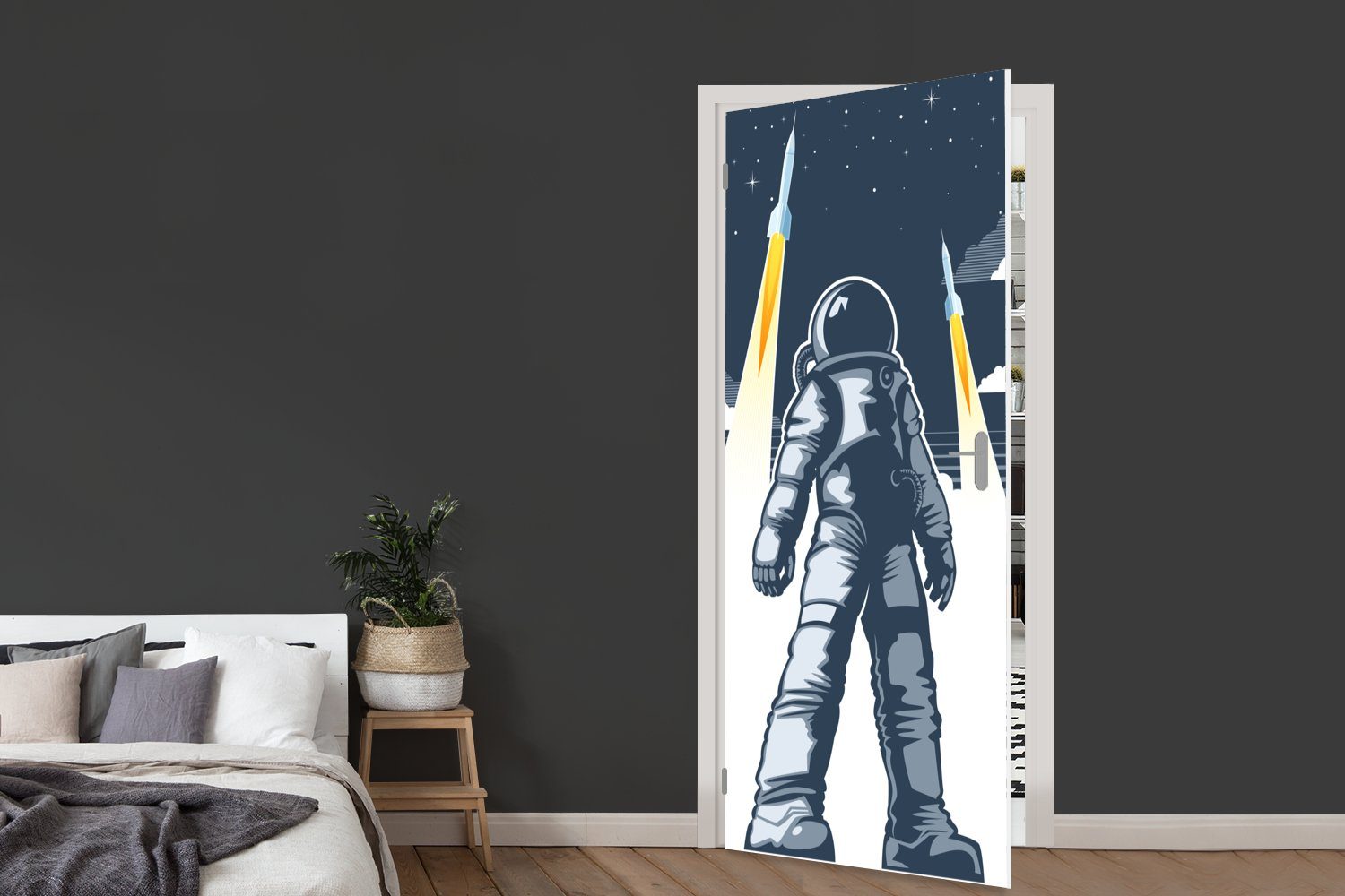 MuchoWow Tür, cm St), Weltraum, - 75x205 Astronaut bedruckt, Türaufkleber, für Matt, Rakete Türtapete Fototapete - (1