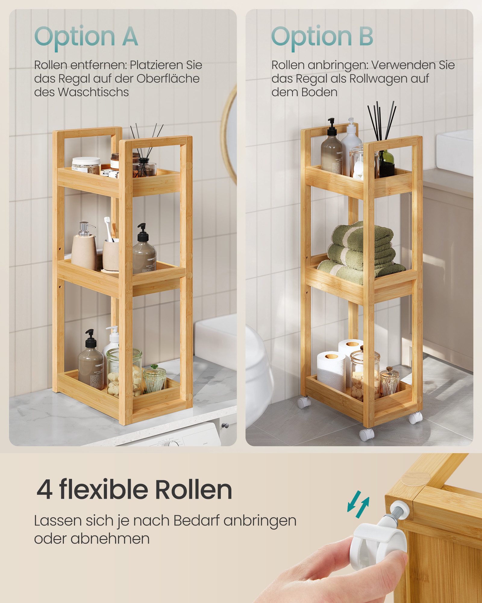 SONGMICS Badregal BCB083, SONGMICS Rollwagen, Badezimmerregal mit 3 Ebenen