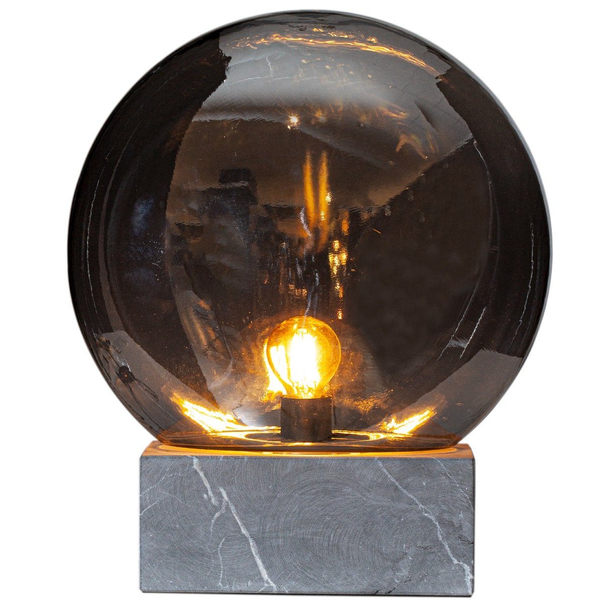 Rydens Rauchglasschirm, flaches Glori, By ohne Design, E27 Marmor-Sockel, Leuchtmittel, Tischleuchte
