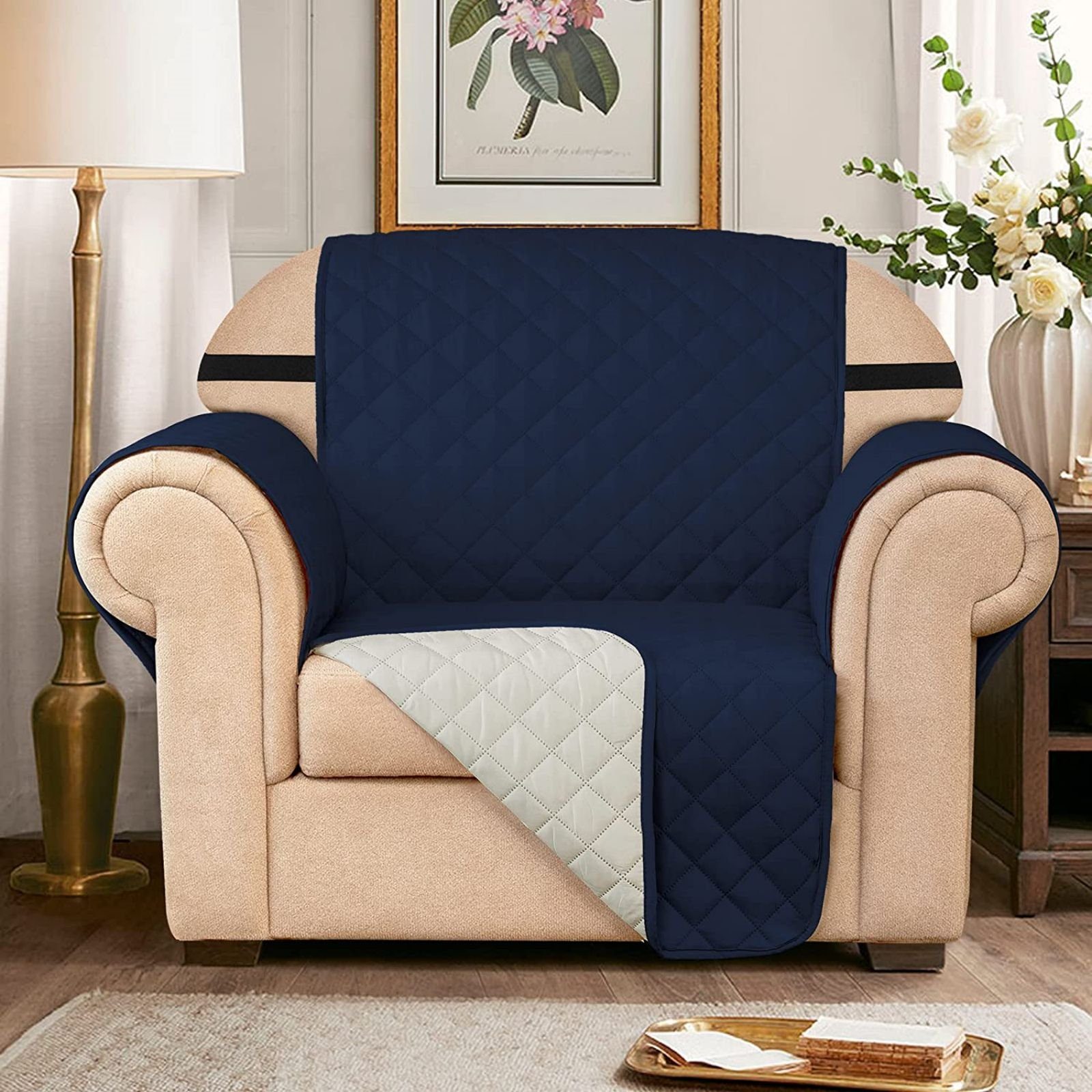 Stuhlüberzüge SUBRTEX, Seitentaschen Wohnzimmer Gesteppt Sofas, Sofahusse Sofabezug, mit für dunkelblau