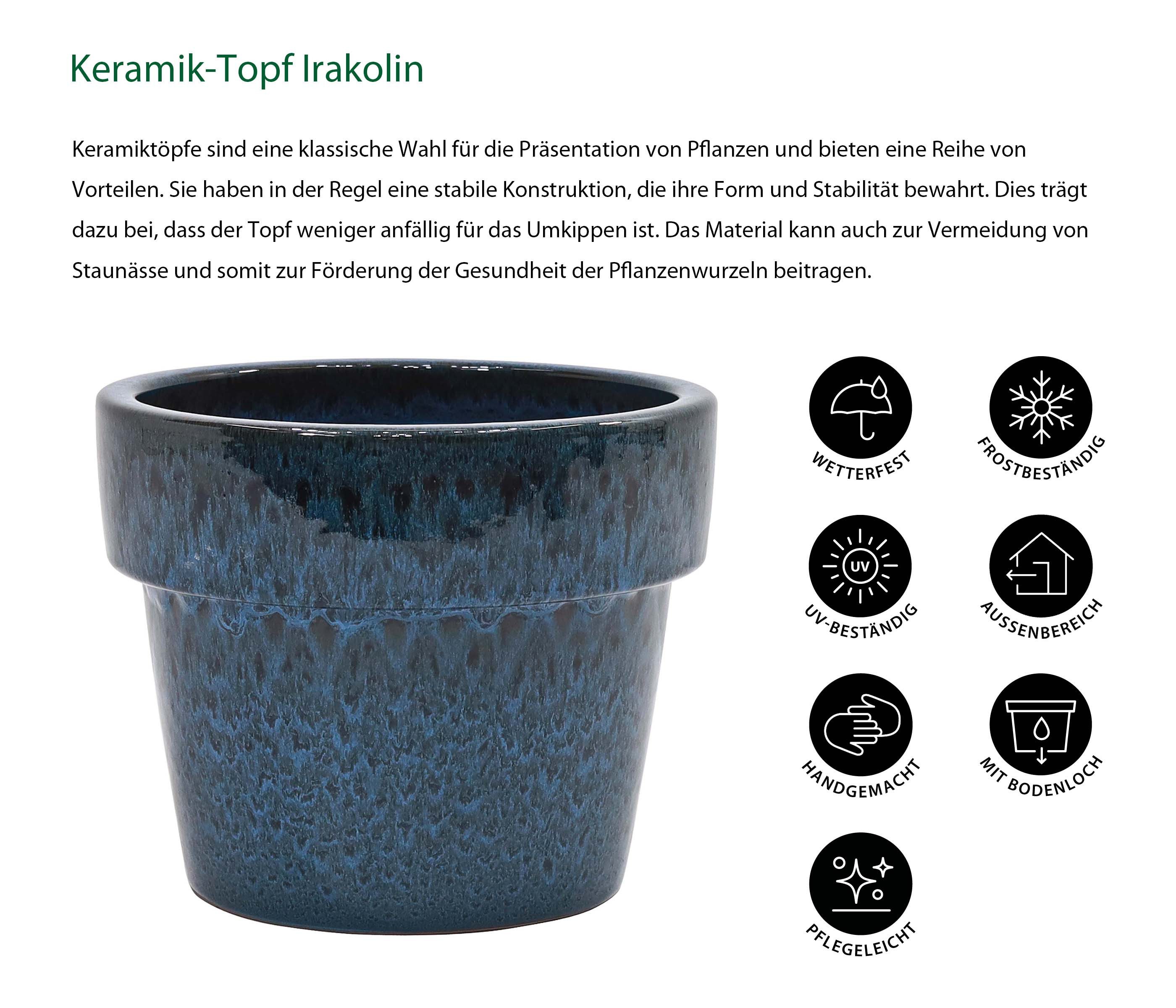 Dehner Blumentopf Keramiktopf, glasiert, blau, Gefäß für Balkon- und Gartenpflanzen, wetter- und frostbeständig