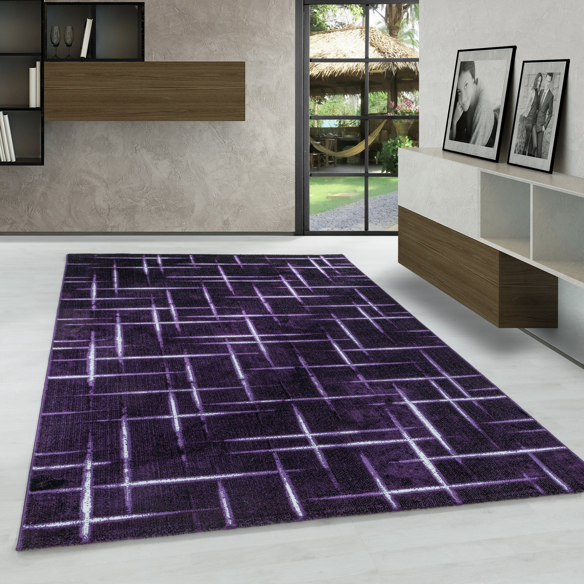 Designteppich Gestreift Design, Carpetsale24, Läufer, Höhe: 9 mm, Kurzflor Teppich Gestreift Design Teppich Violett Teppich Wohnzimmer