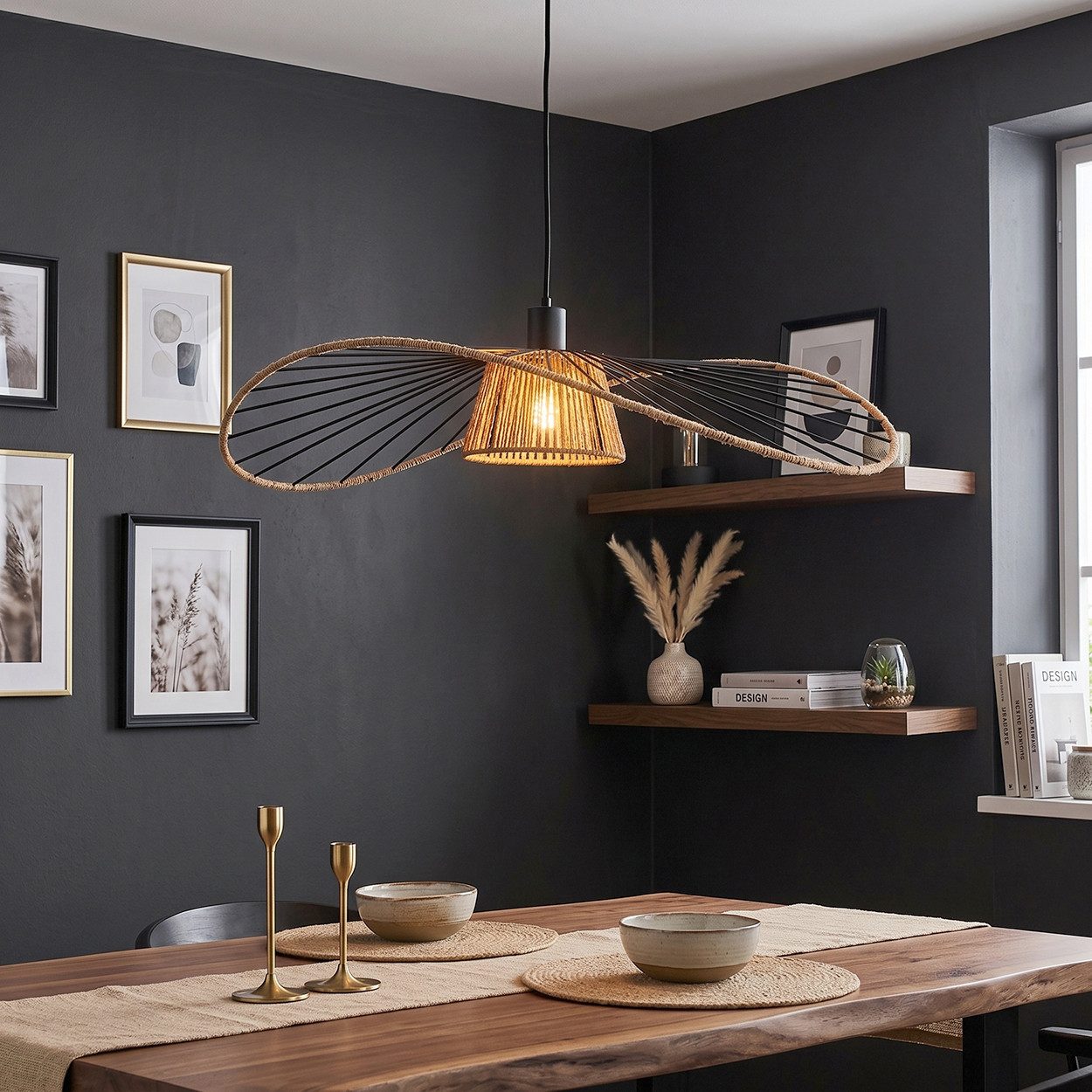 hofstein Hängeleuchte Hängelampe aus Metall/Papiergeflecht in Schwarz/Naturfarben, ohne Leuchtmittel, moderne Hängeleuchte im Boho-Design, Höhe max. 110 cm, 4 x E27