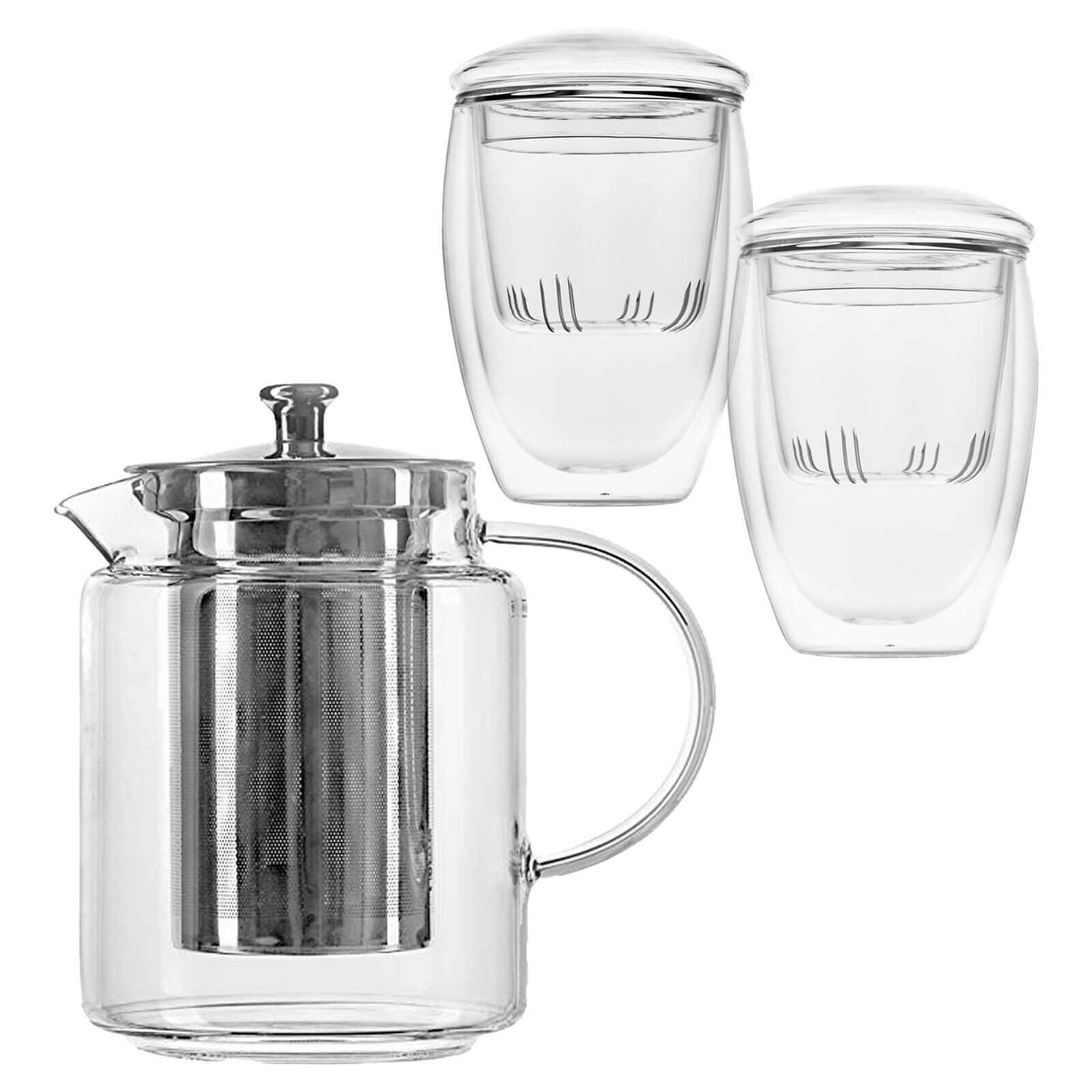 KVOTA Teekanne Tee-Set: 1L Kanne mit Edelstahlsieb und 2 doppelwandige Gläser 350 ml, 1 l, (1xTeekanne, 2x doppelwandige Gläser)