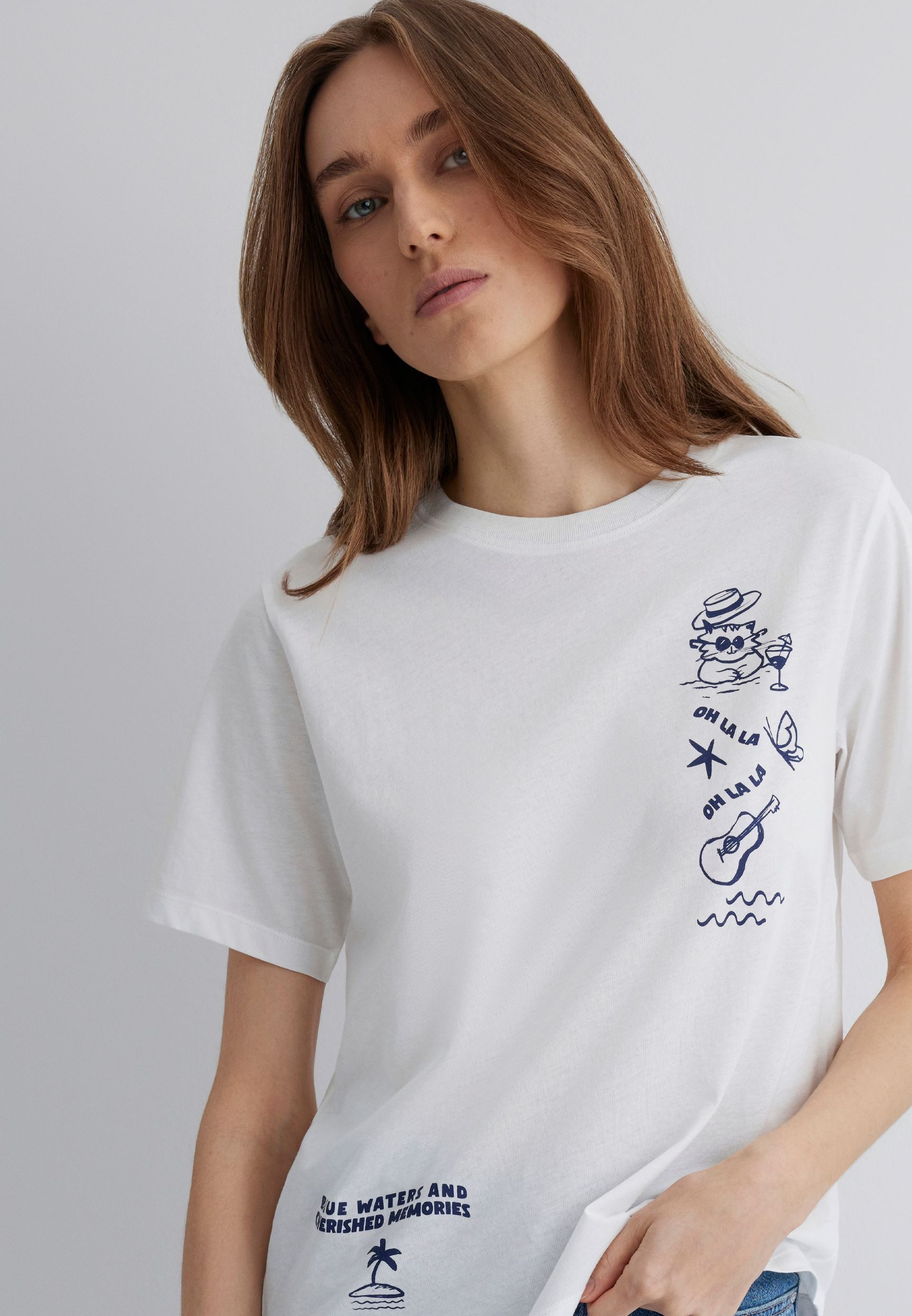 Mavi T-Shirt Strandiges Motiv mit Text günstig online kaufen
