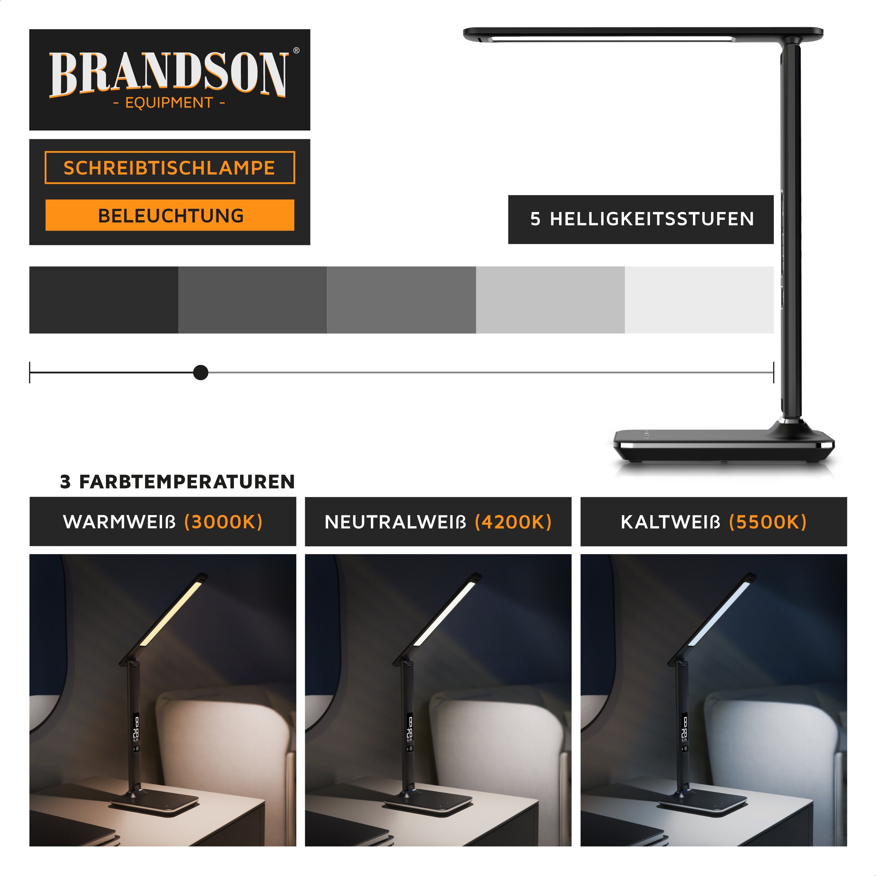 Brandson Schreibtischlampe Lederoptik LED Tischlampe dimmbar, Temperatur, Alarm, Kalenderfunktion, Tageslicht, 3 Lichtfarben, 5 Helligkeitsstufen, USB Lade Ansc – Bild 5 von 5
