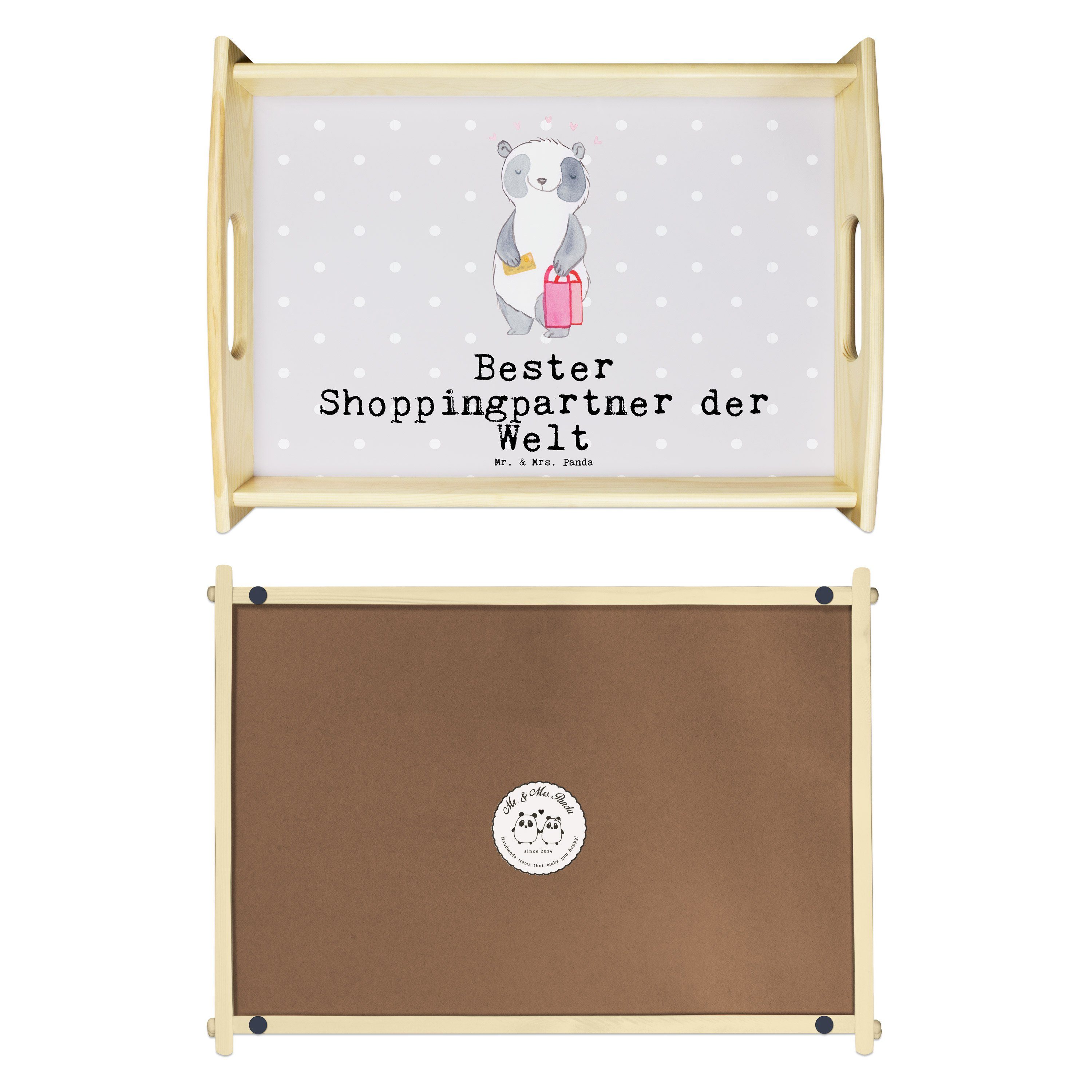 Shoppingpartner Pastell - Panda Welt Mrs. Geschenk, Tablett Grau Panda & (1-tlg) der Bester Küch, Echtholz - lasiert, Mr.