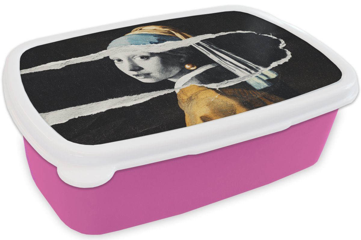mit rosa Brotbox Kunststoff, Lunchbox Kinder, Schwarz Mädchen Gold - für (2-tlg), - Snackbox, Weiß, - Mädchen, Brotdose Perlenohrring MuchoWow Vermeer - Erwachsene, Kunststoff