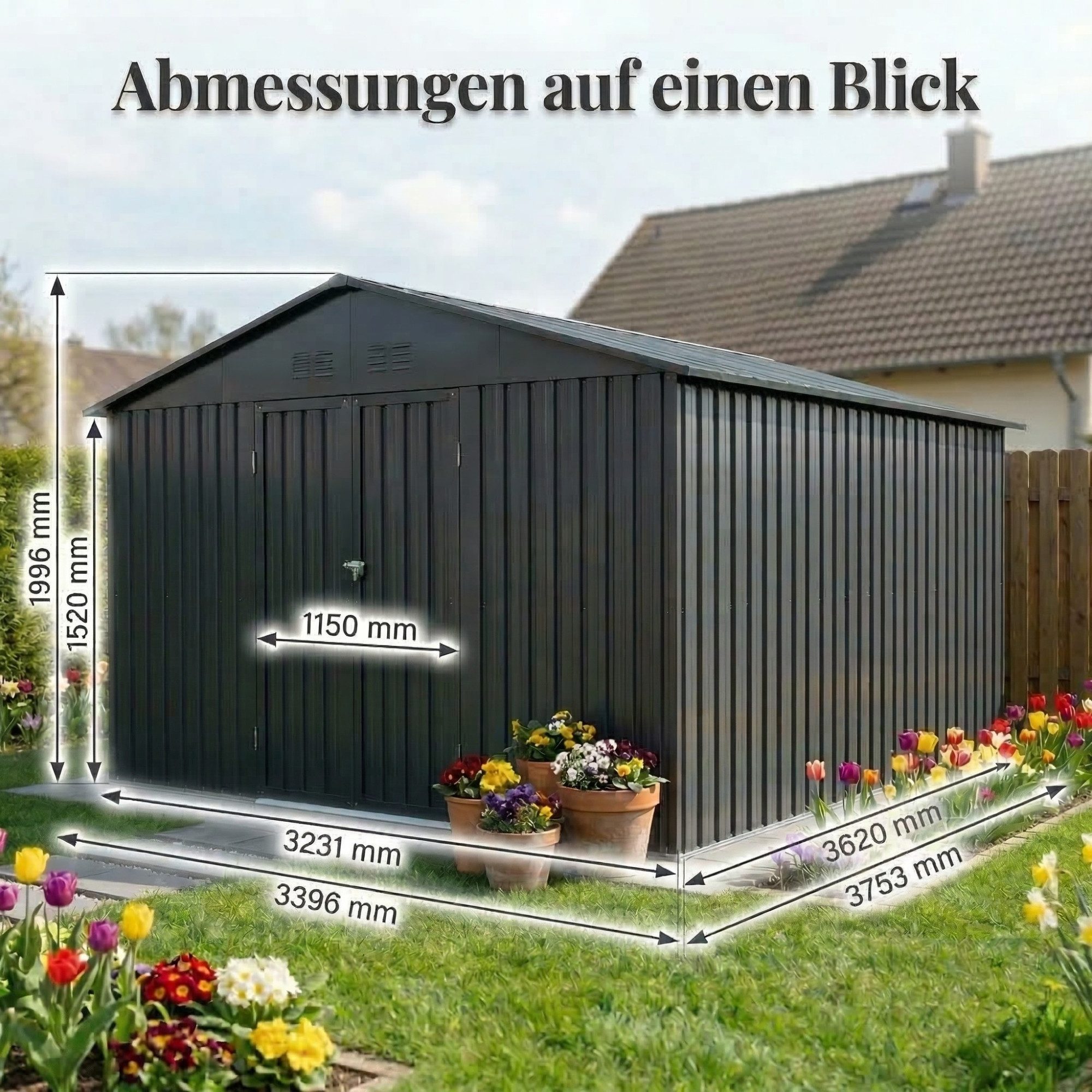 Albatros International Gerätehaus Gerätehaus 5XL abschließbar inkl. Schloss & Haken, Gartenhaus, BxT: 339.6x375.3 cm, (Anthrazit (RAL 7016), 339,6x375,3x199,6cm), aus verzinktem wetterfestem Metall