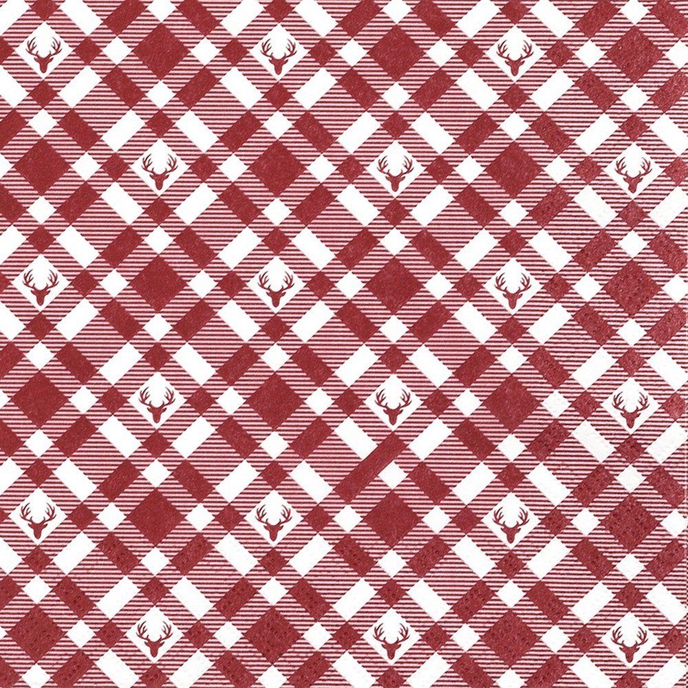 HOME FASHION Papierserviette RP 20 Servietten Plaid with Deers red Hirsche auf Karo rot 33x33cm, (20 St)