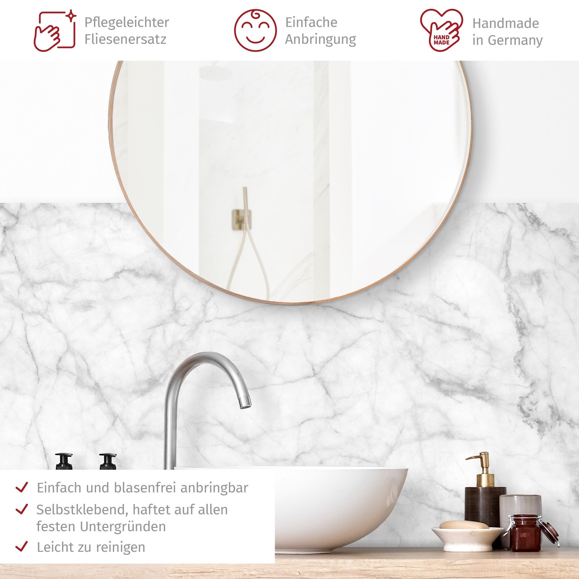 Bilderdepot24 Badrückwand weiss fugenlose Wandverkleidung Bad mit Motiv, (Hartfolie matt » Selbstklebend SMART 0,35 mm), wasserfestes Wandpaneel Bianco Carrara
