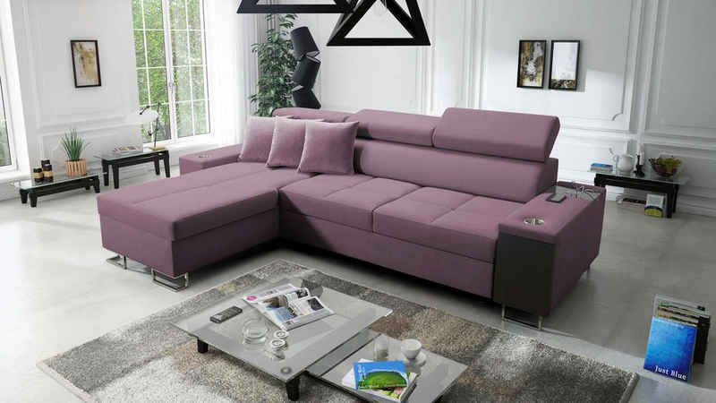 Best for Home Ecksofa Anita I Mini Luxus und Elegantes mit Schlaffunktion, hat einen Öffnungsbügel, eine Steckdose und einen USB-Anschluss