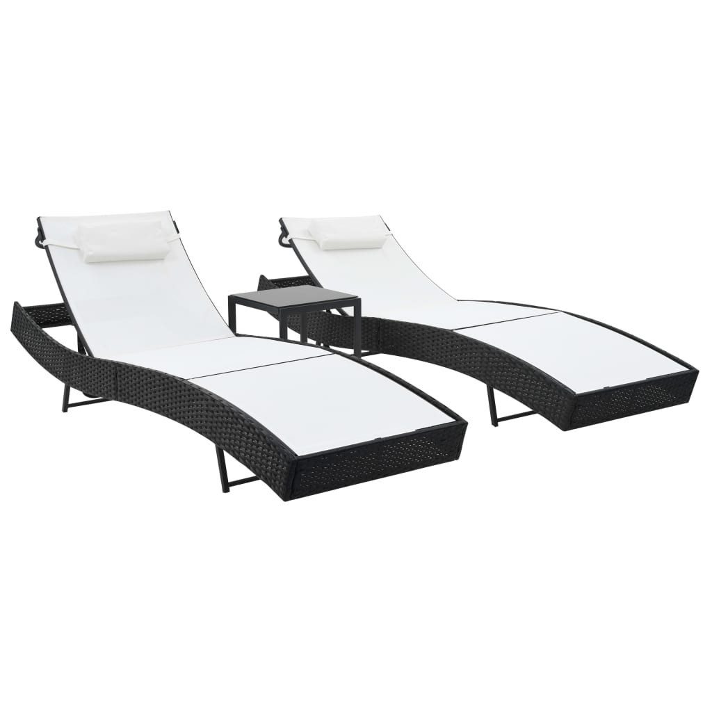 Gartenliege Sonnenliegen 2 Stk. mit Tisch Poly Rattan und Textilene Schwarz