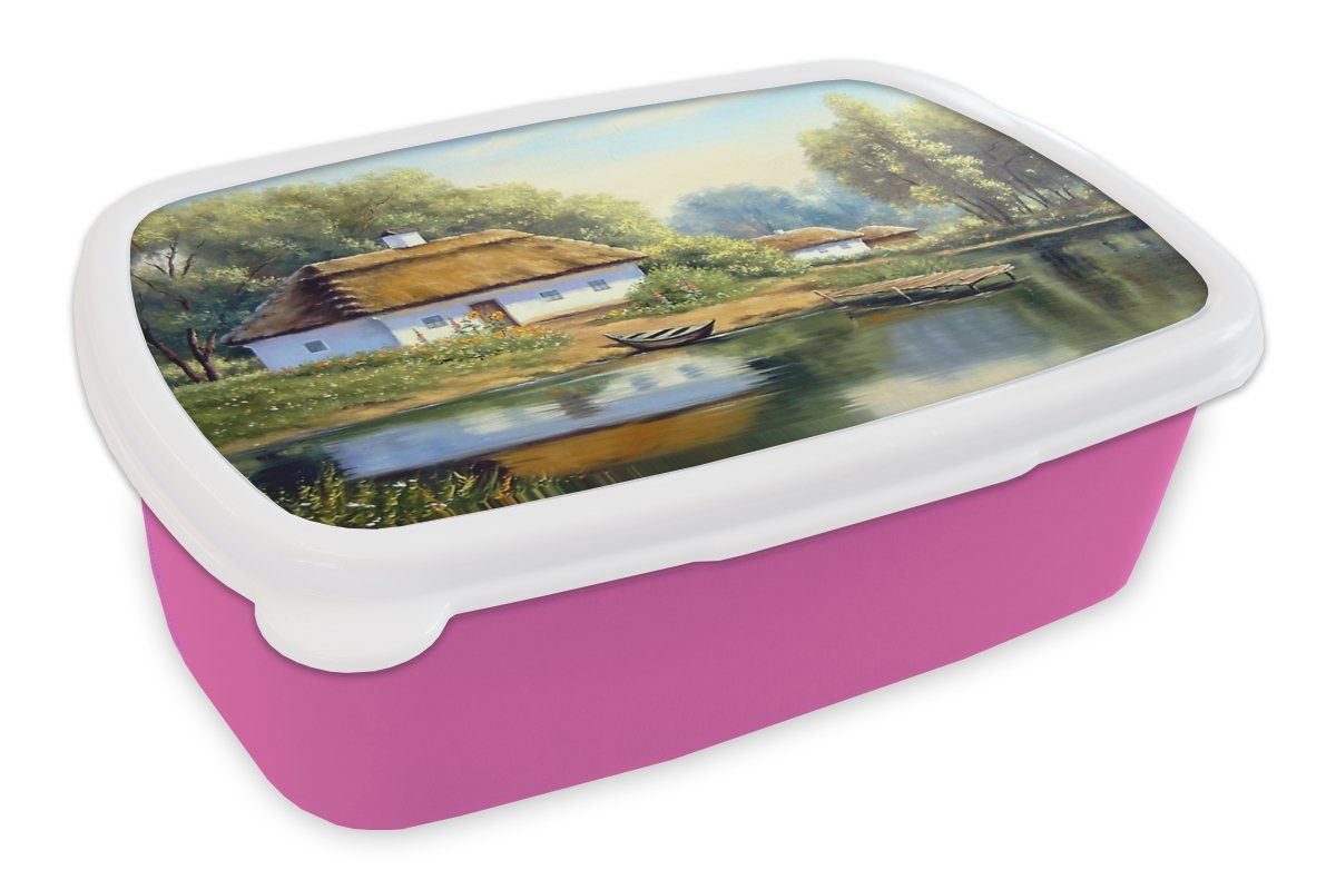 MuchoWow Lunchbox Malerei - Haus - Natur - Wasser - Ölfarbe, Kunststoff, (2-tlg), Brotbox für Erwachsene, Brotdose Kinder, Snackbox, Mädchen, Kunststoff rosa