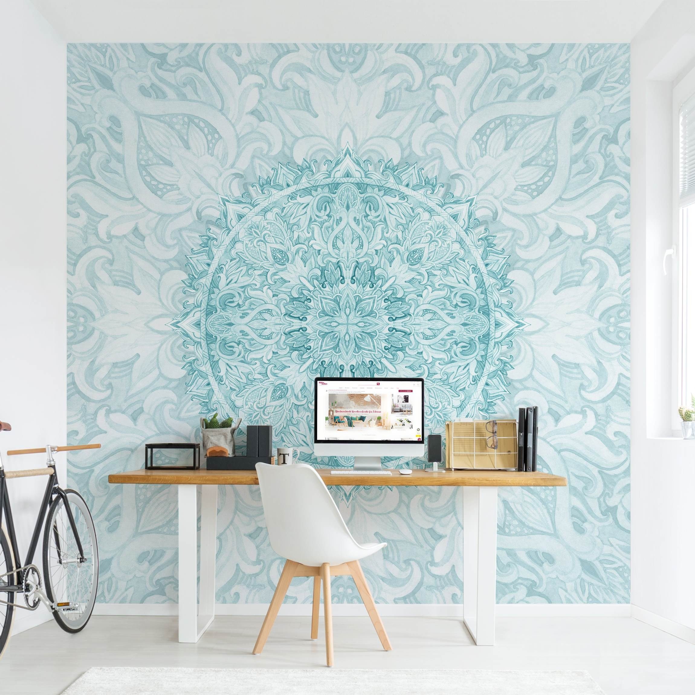 Bilderdepot24 Mustertapete Spirituell Mandala Aquarell Ornament türkis Muster Wanddeko, Glatt, Matt, (Vliestapete inkl. Kleister oder selbstklebend), Wohnzimmer Schlafzimmer Küche Flur gemusterte Vliestapete Wandtapete