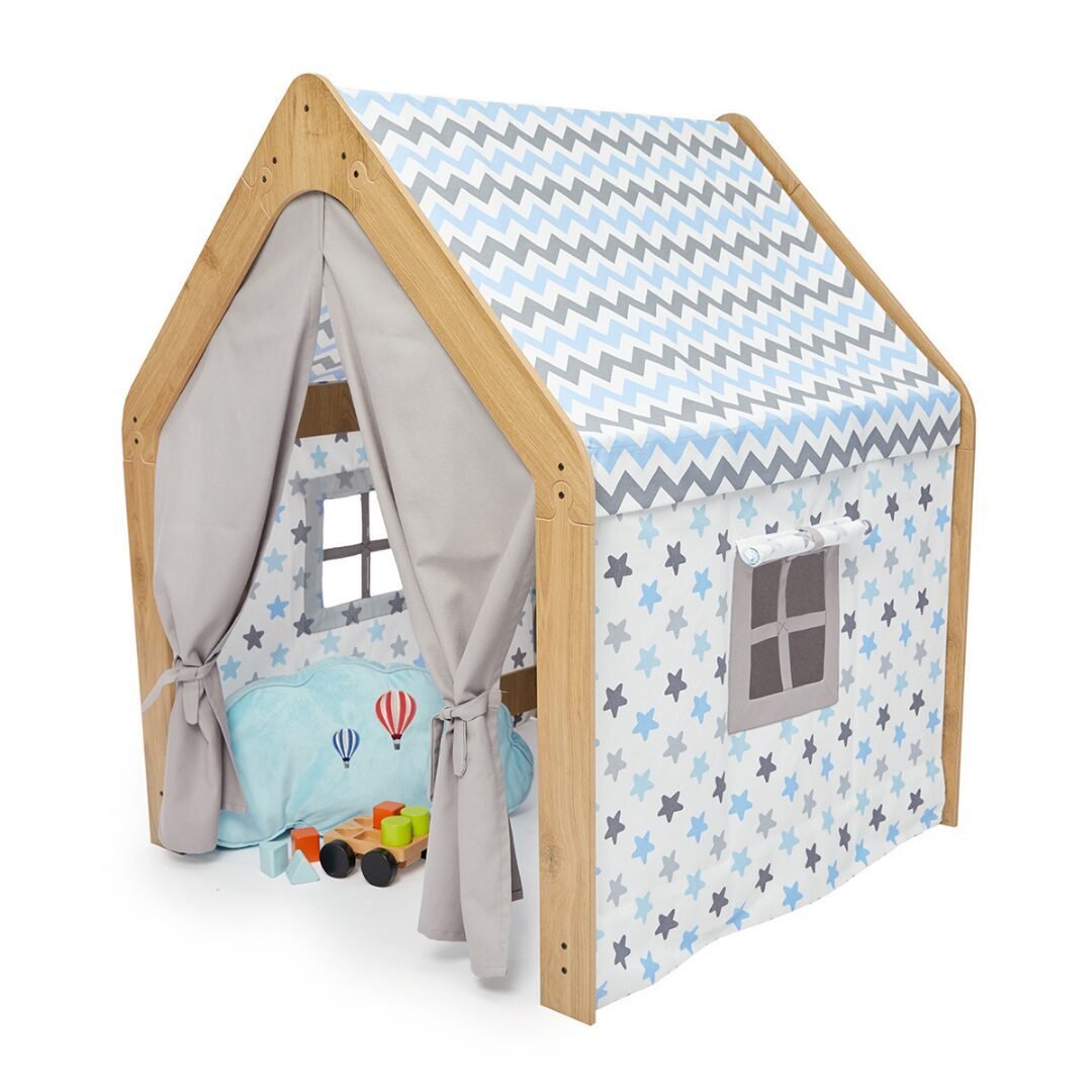 COZYCOLLECTIONS Spielzelt Montessori Spielhaus Naturholz, mit Stoffzelt – blau/grau (Kinder-Spielhaus / Spielzelt aus Holz (1-teiliges Set), 1-tlg., 1 Spielhaus aus Holz inkl. abnehmbarem Stoffbezug (Tür & Fenster) Montessori-Spielhaus: waschbarer Bezug, Türvorhang & Fenster