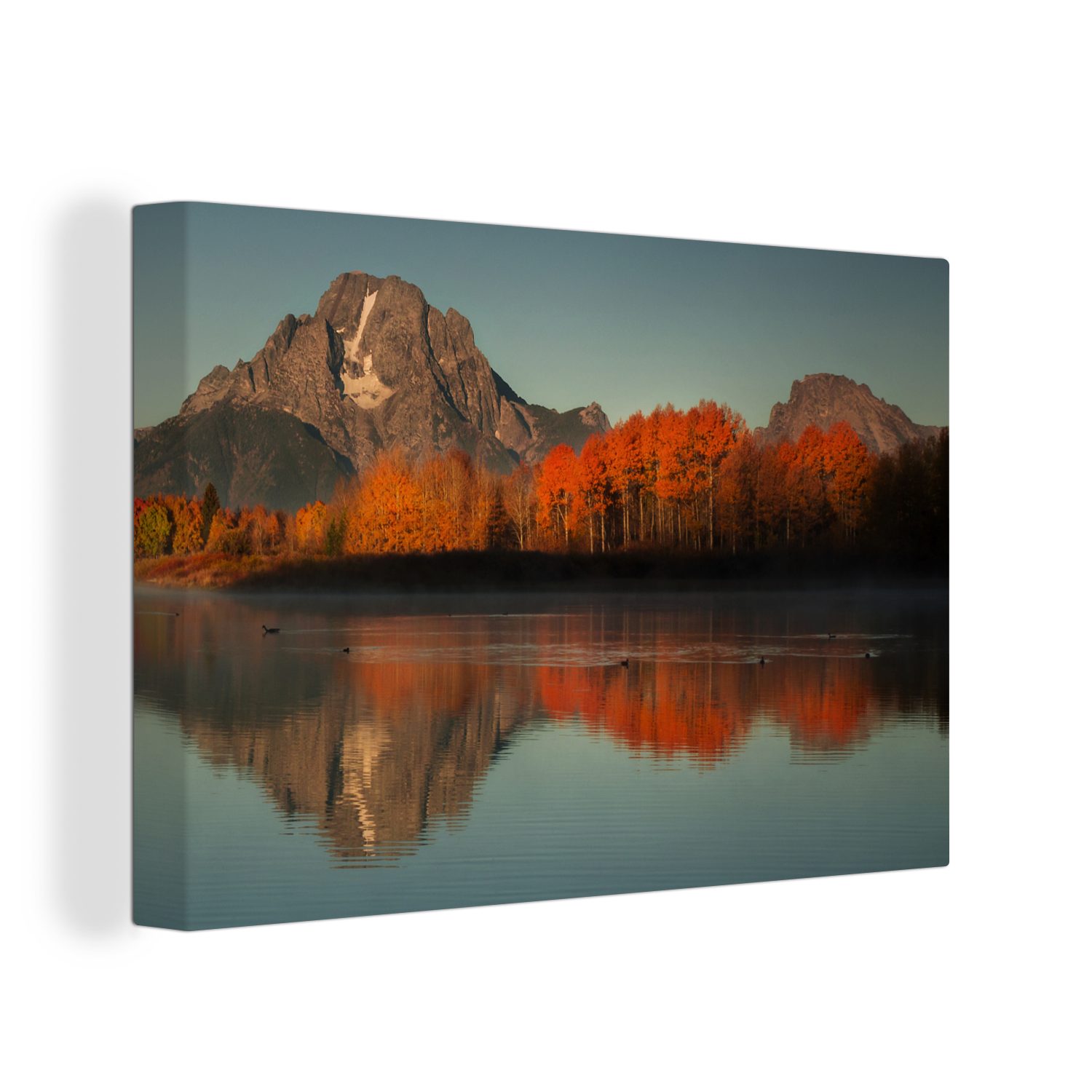 OneMillionCanvasses® Leinwandbild Rot leuchtende Espenbäume in den Teton Mountains hinter dem Snake, (1 St), Wandbild Leinwandbilder, Aufhängefertig, Wanddeko, 30x20 cm